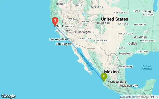 Flight path from Puerto Vallarta to San Francisco