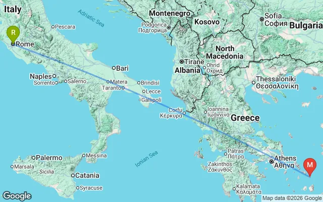 Flight path from Rome to Mykonos