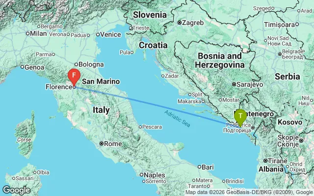 Flight path from Tivat to Florence