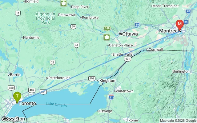 Flight path from Toronto to Montreal