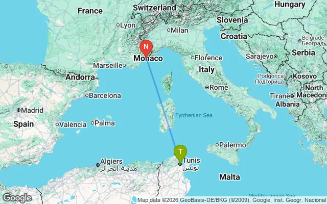 Flight path from Tunis to Nice