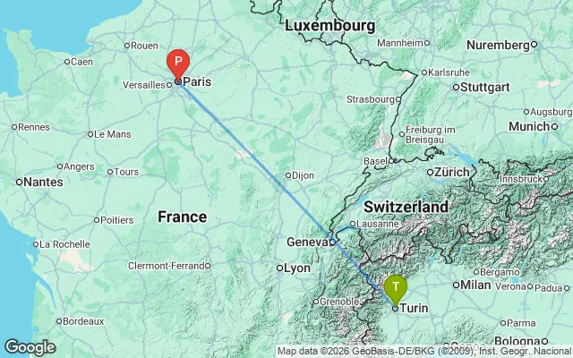 Flight path from Turin to Paris