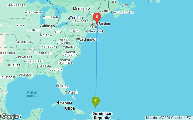 Flight path from Turks and Caicos to Boston