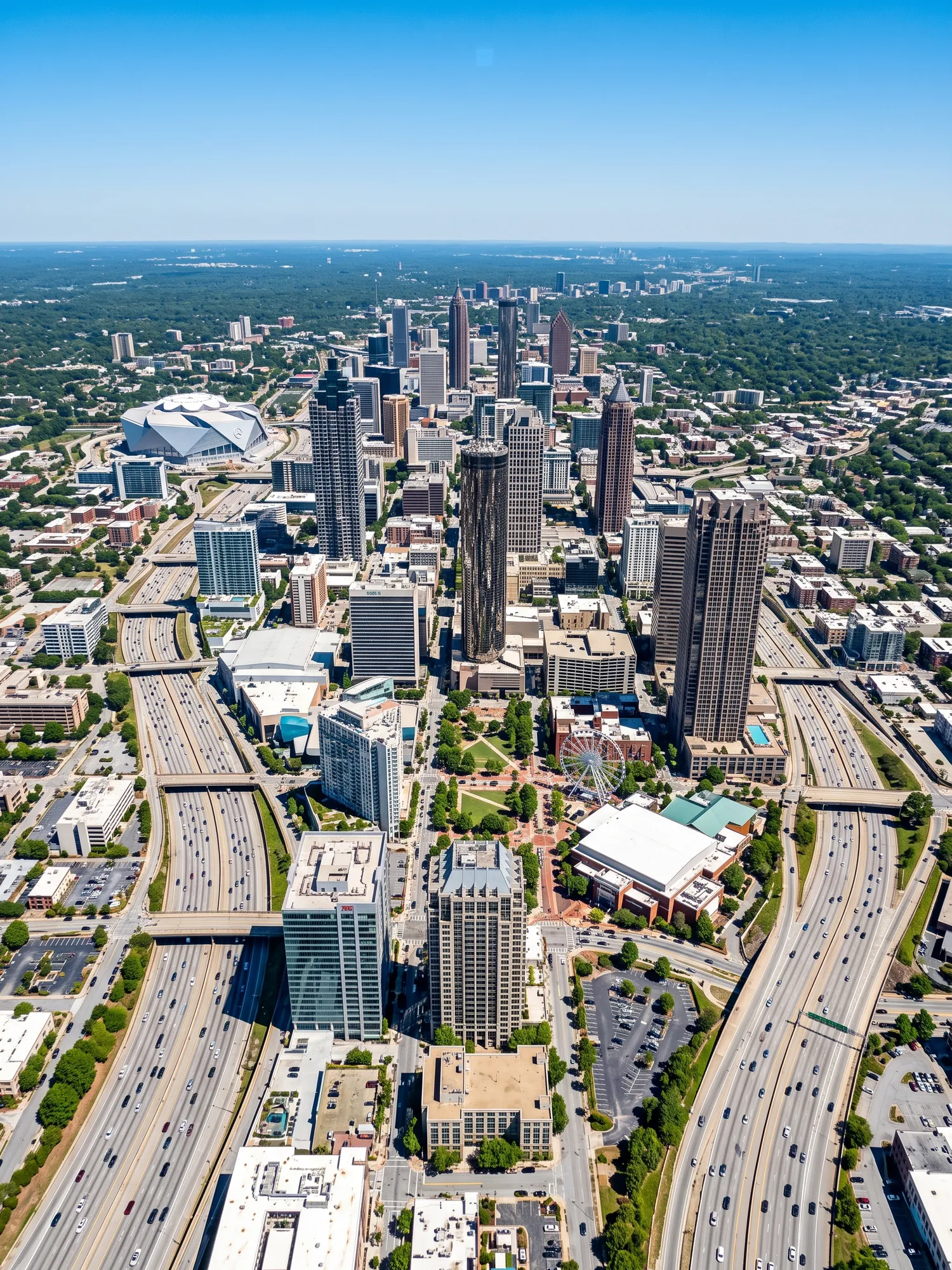 Panoramic aerial view of Atlanta skyline in bright daylight