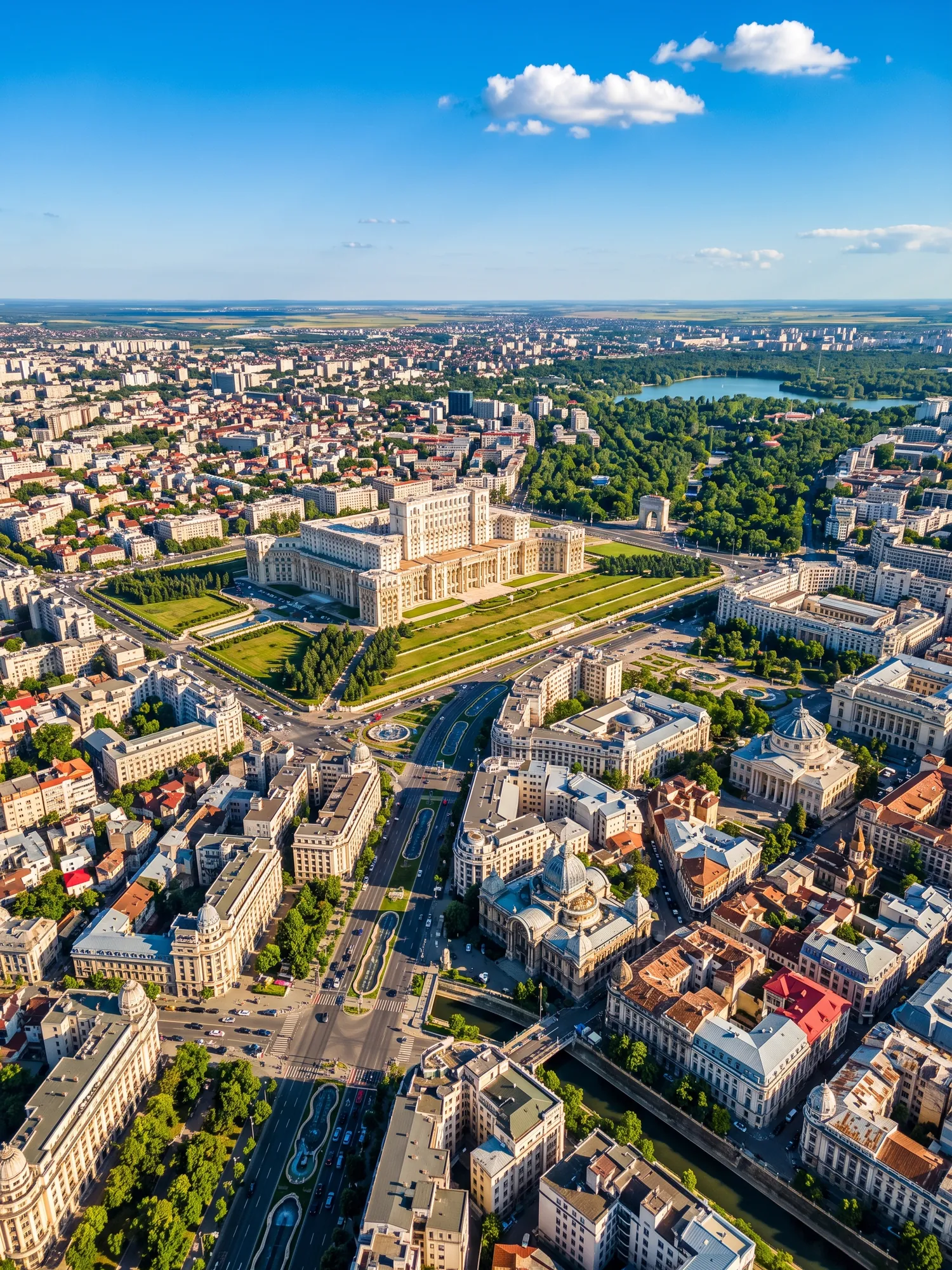 Panoramic aerial view of Bucharest skyline in bright daylight