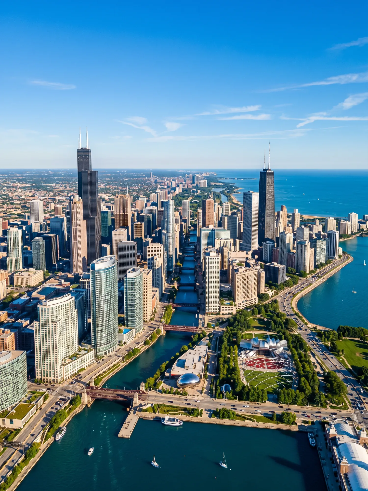 Panoramic aerial view of Chicago skyline in bright daylight