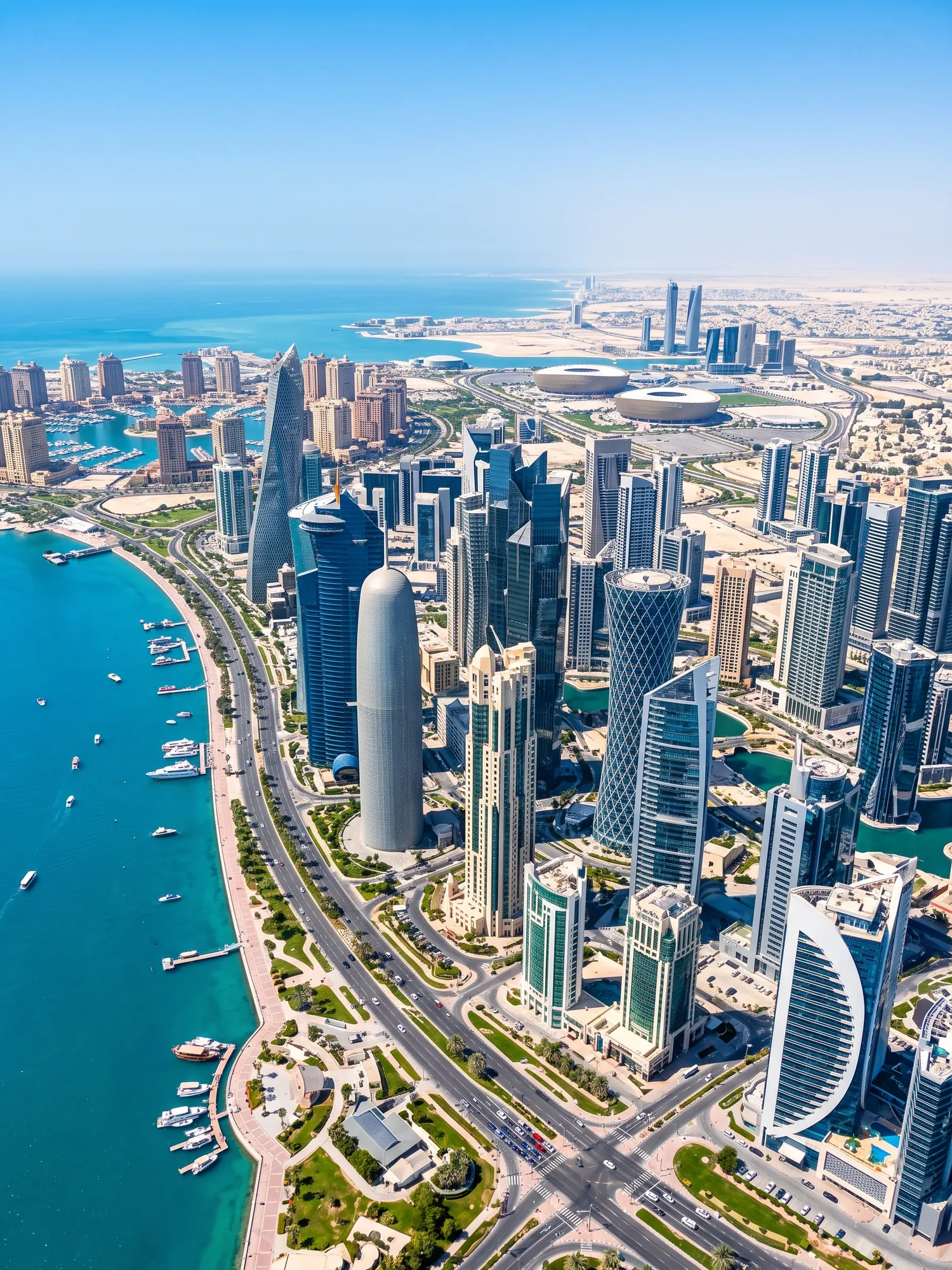 Panoramic aerial view of Doha skyline in bright daylight