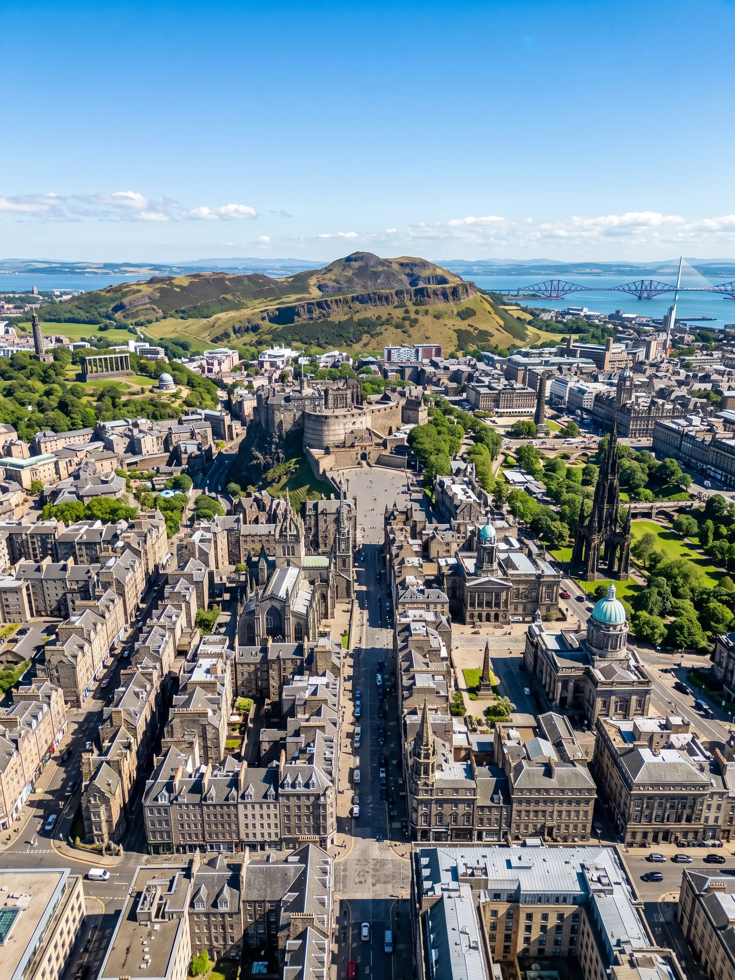 Panoramic aerial view of Edinburgh skyline in bright daylight