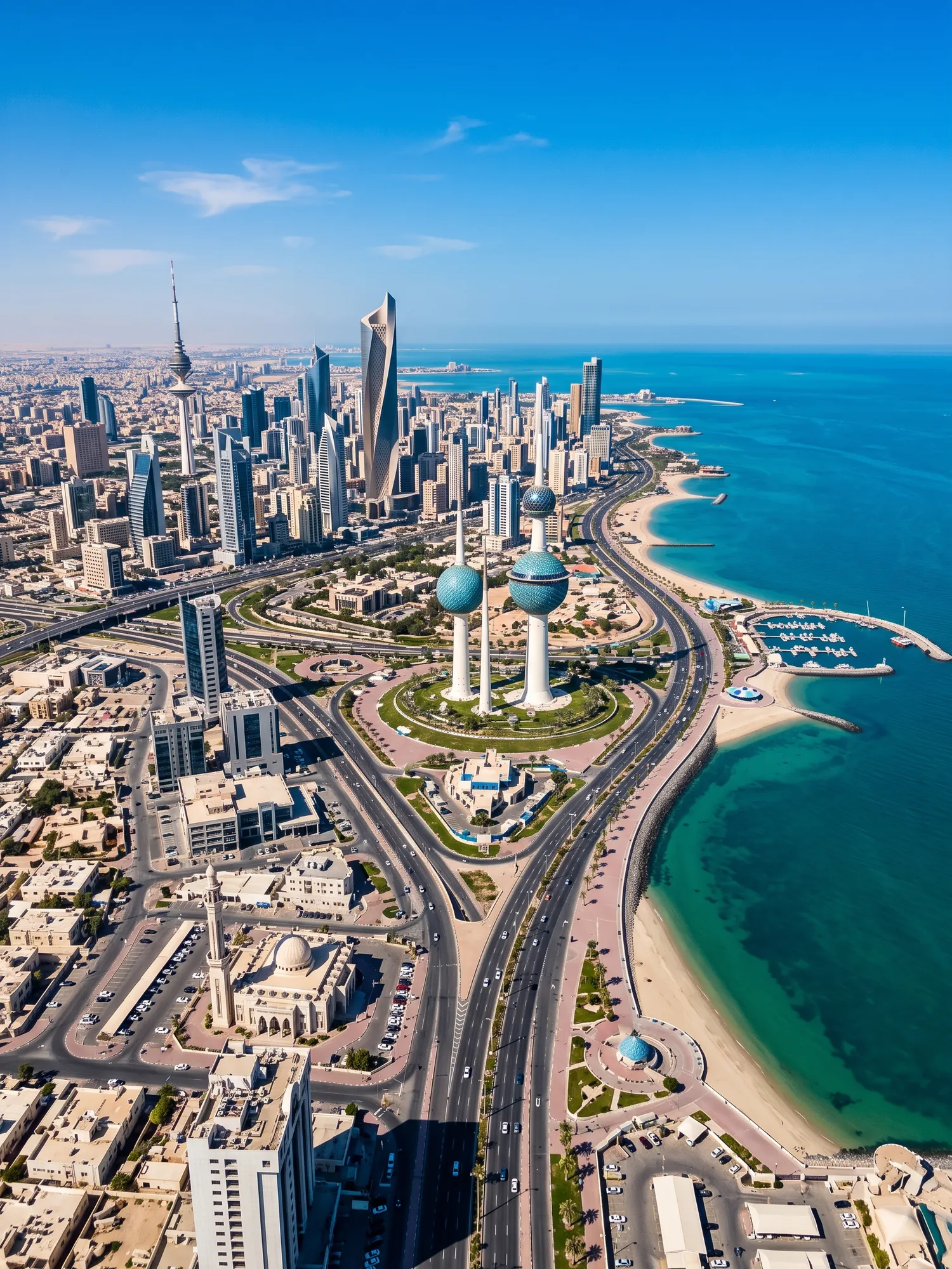 Panoramic aerial view of Kuwait skyline in bright daylight