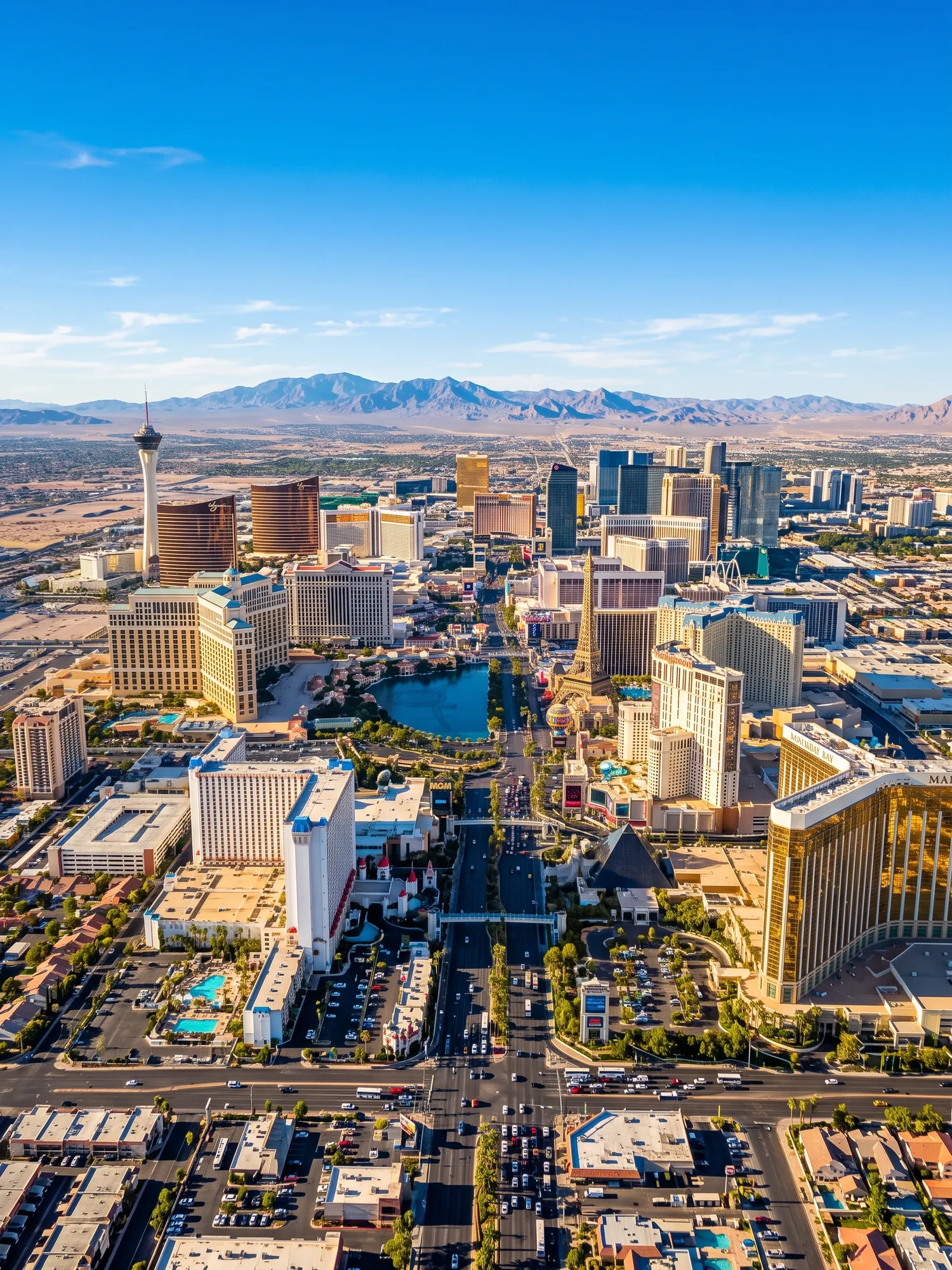 Panoramic aerial view of Las Vegas skyline in bright daylight