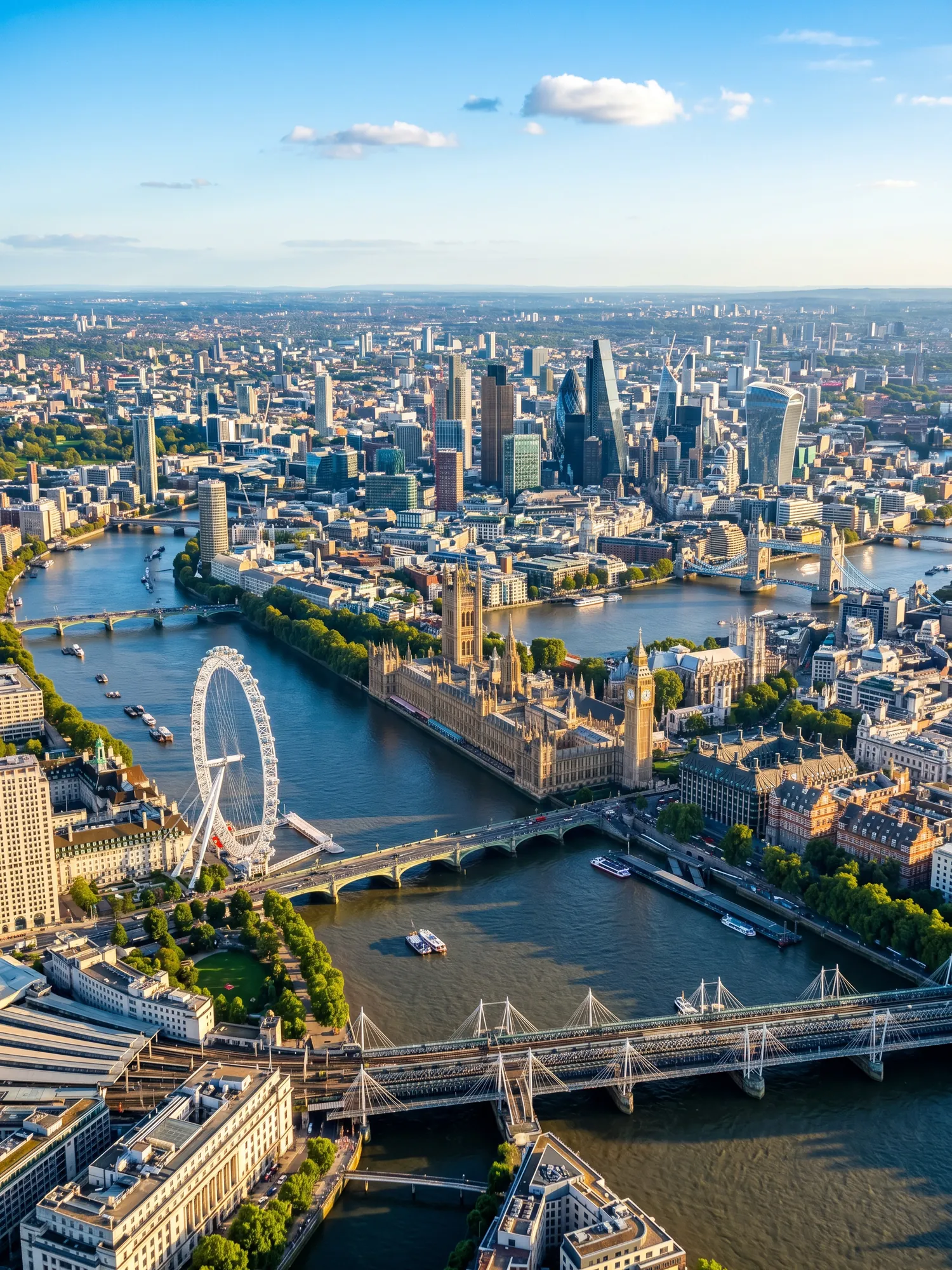 Panoramic aerial view of London skyline in bright daylight