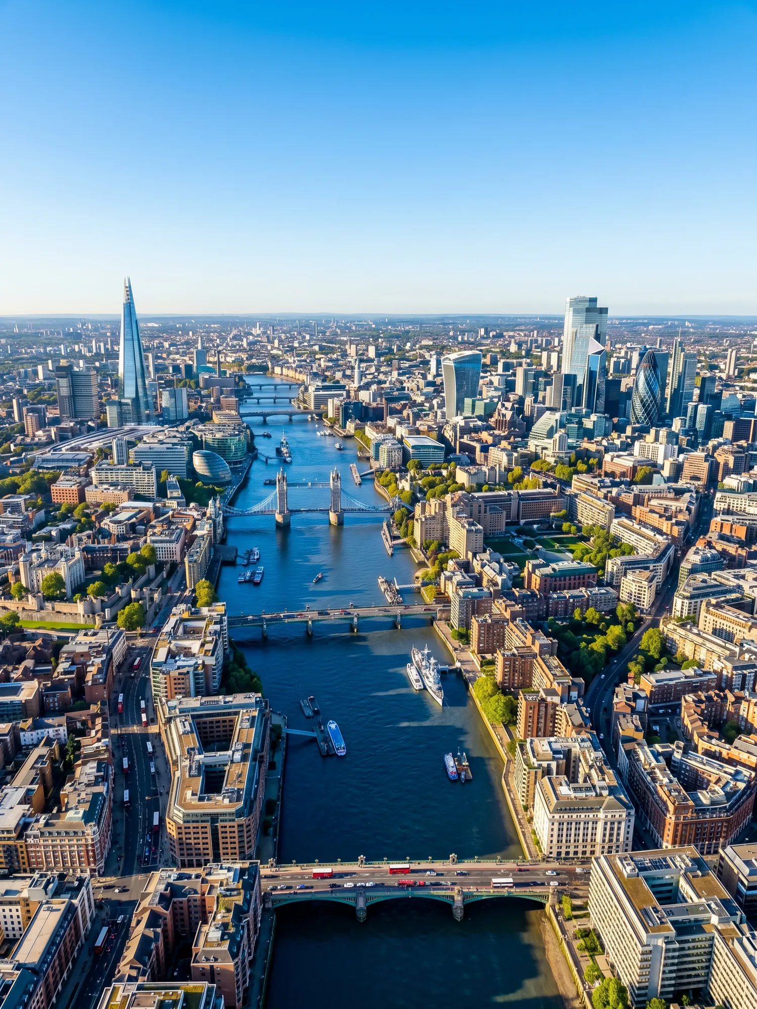 Panoramic aerial view of London skyline in bright daylight