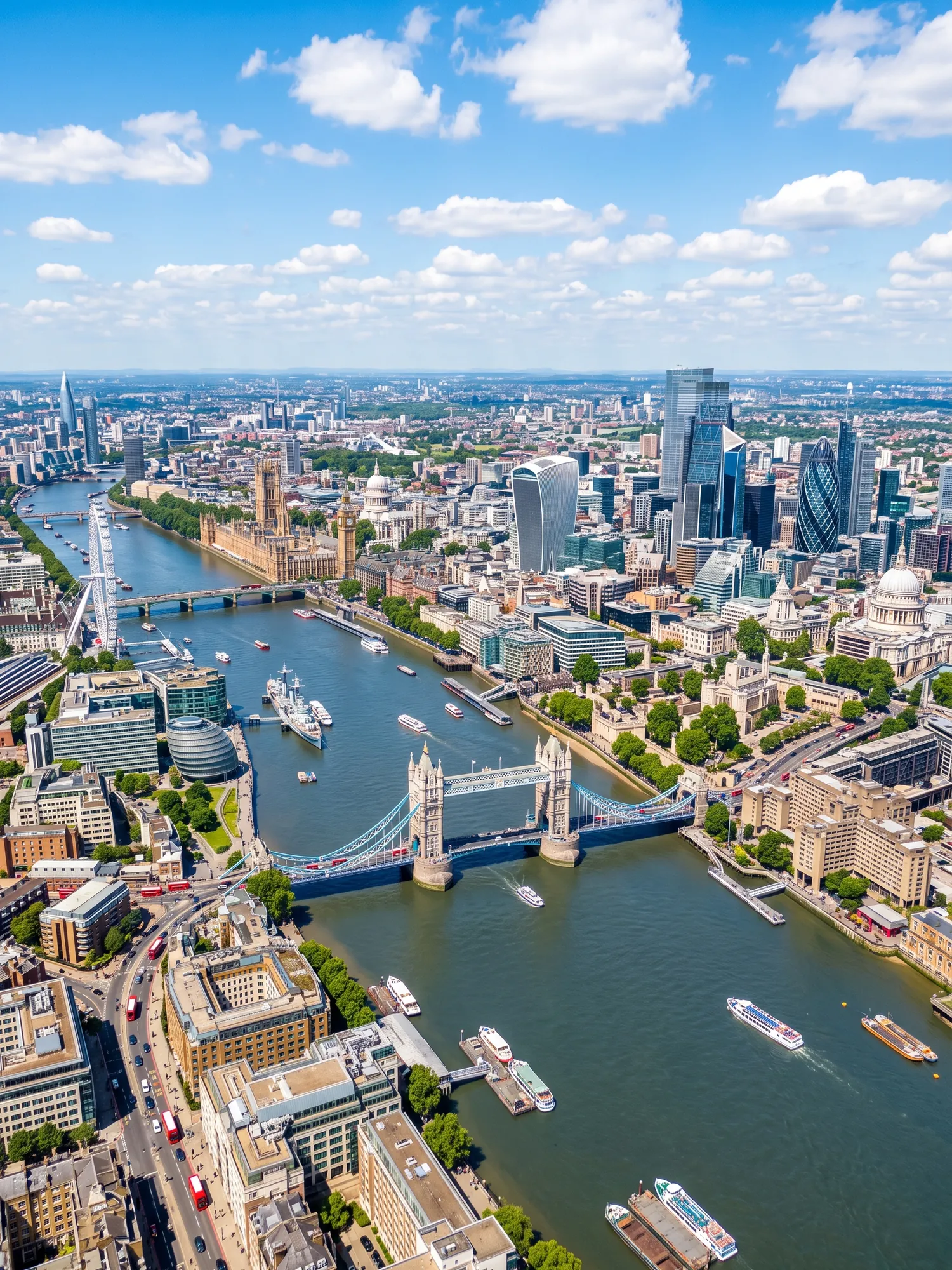 Panoramic aerial view of London skyline in bright daylight