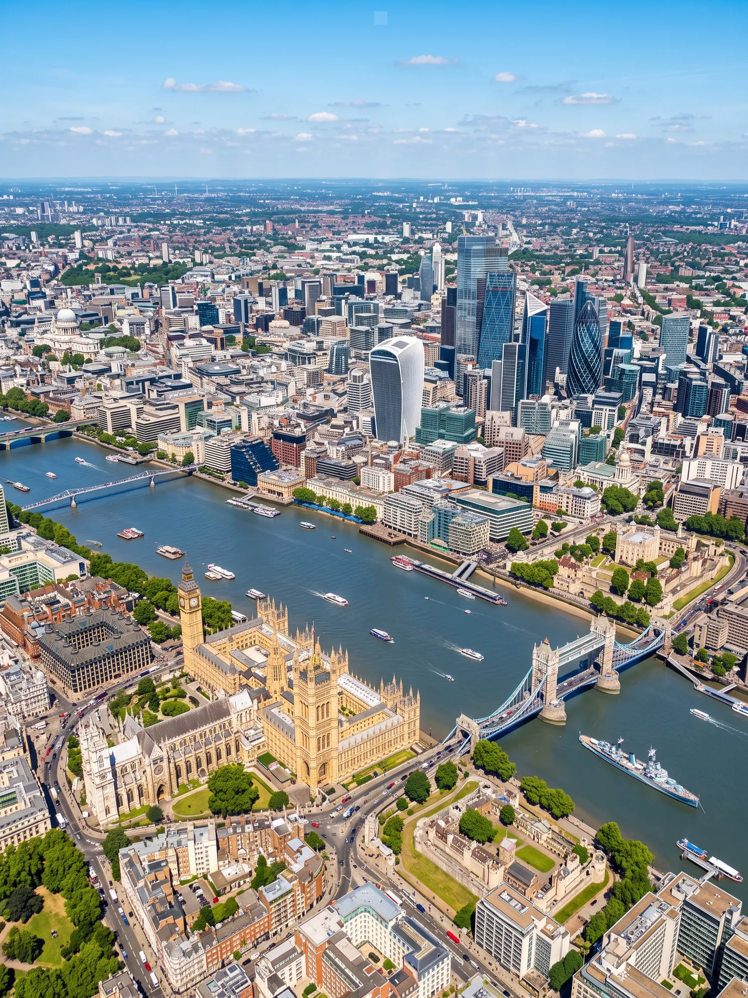 Panoramic aerial view of London skyline in bright daylight