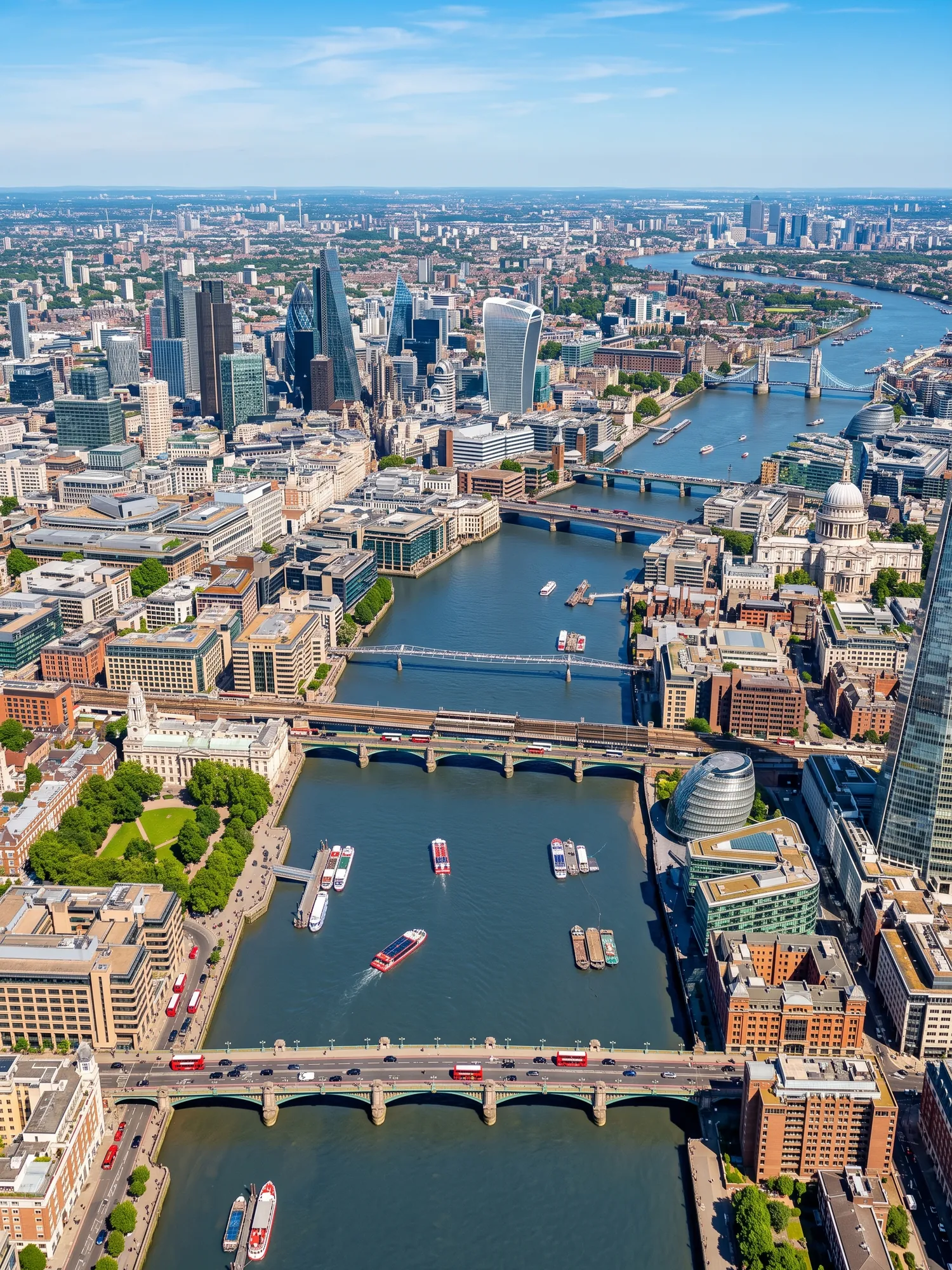 Panoramic aerial view of London skyline in bright daylight