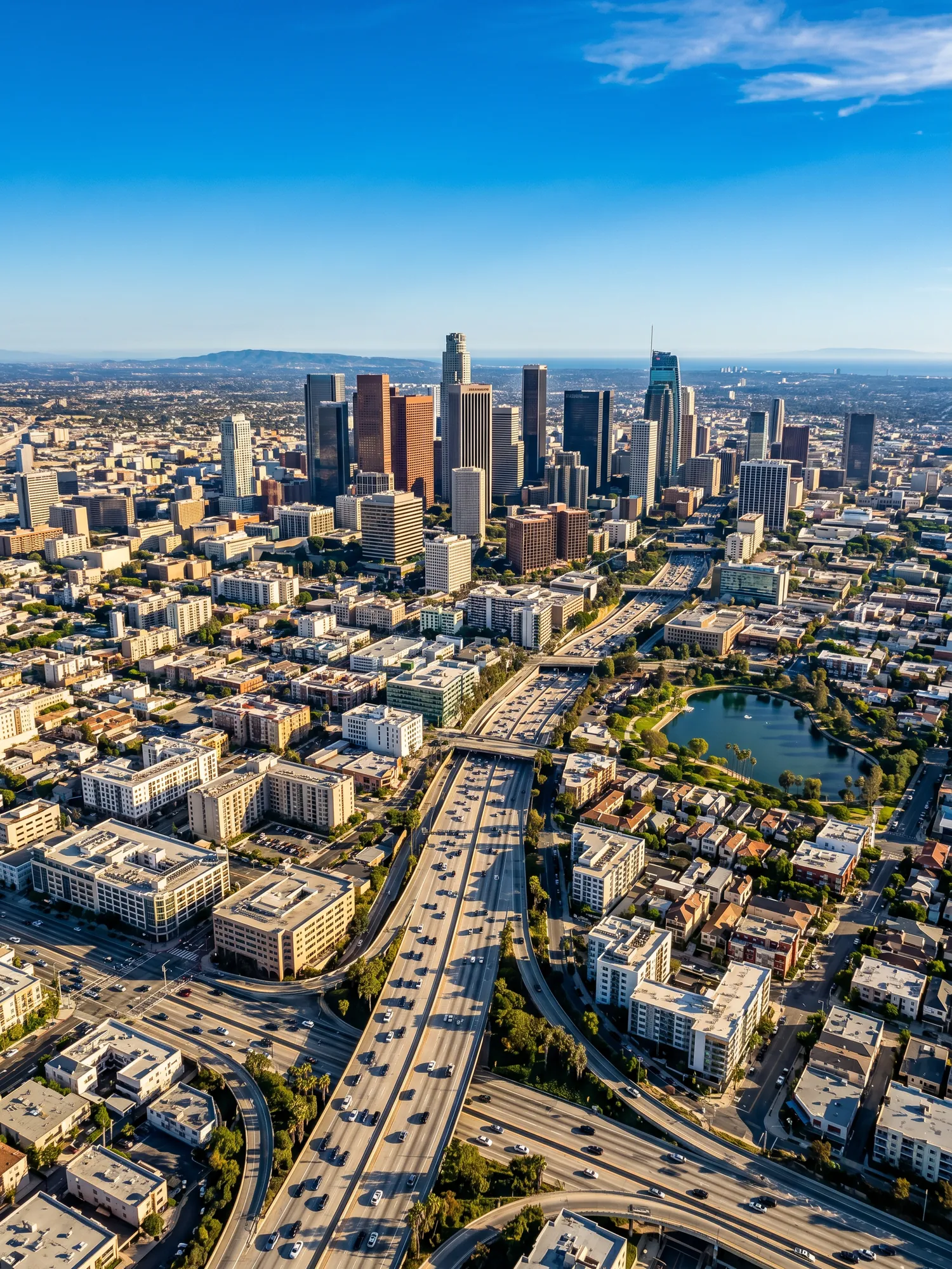 Panoramic aerial view of Los Angeles skyline in bright daylight