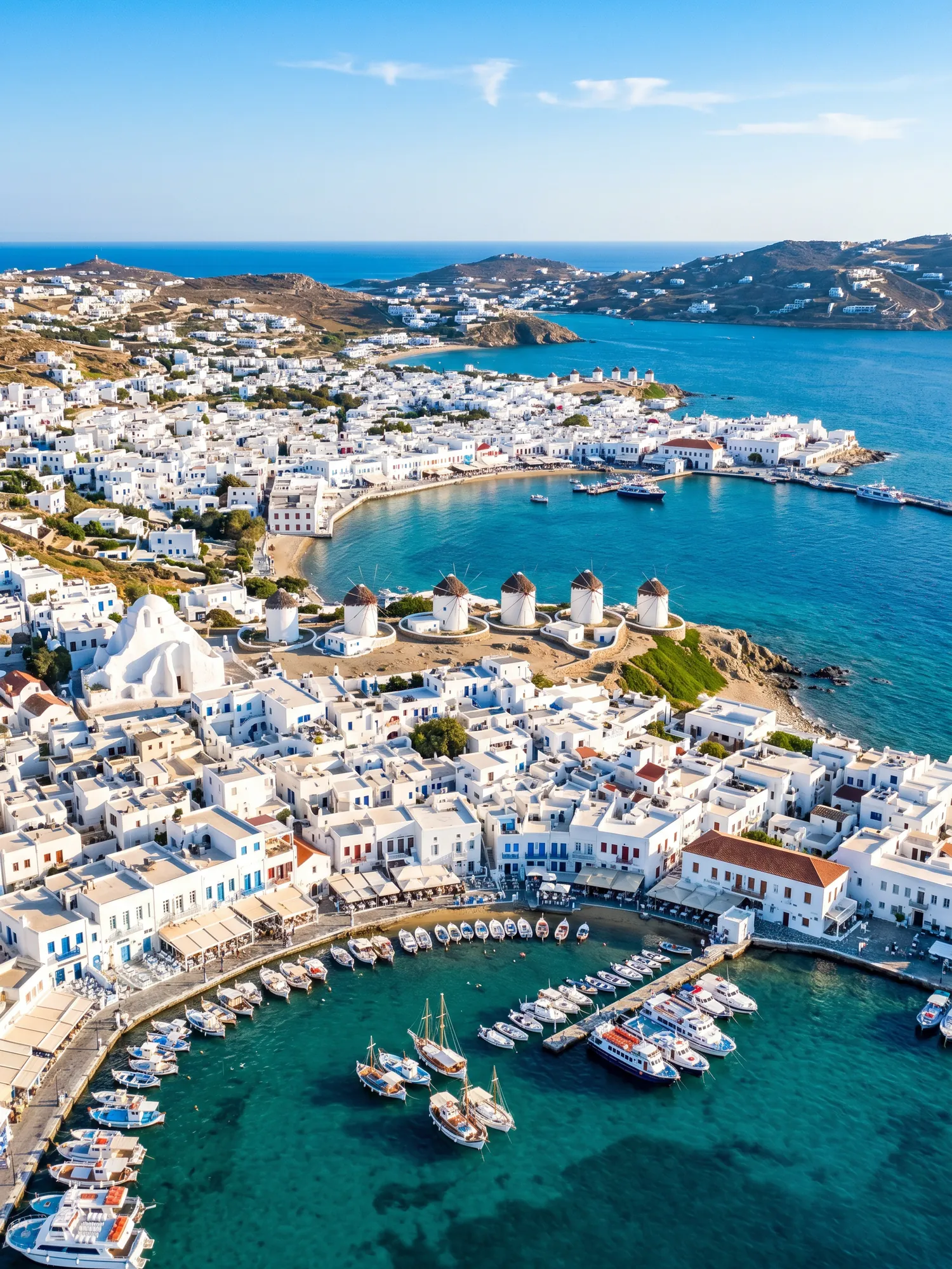 Panoramic aerial view of Mykonos skyline in bright daylight