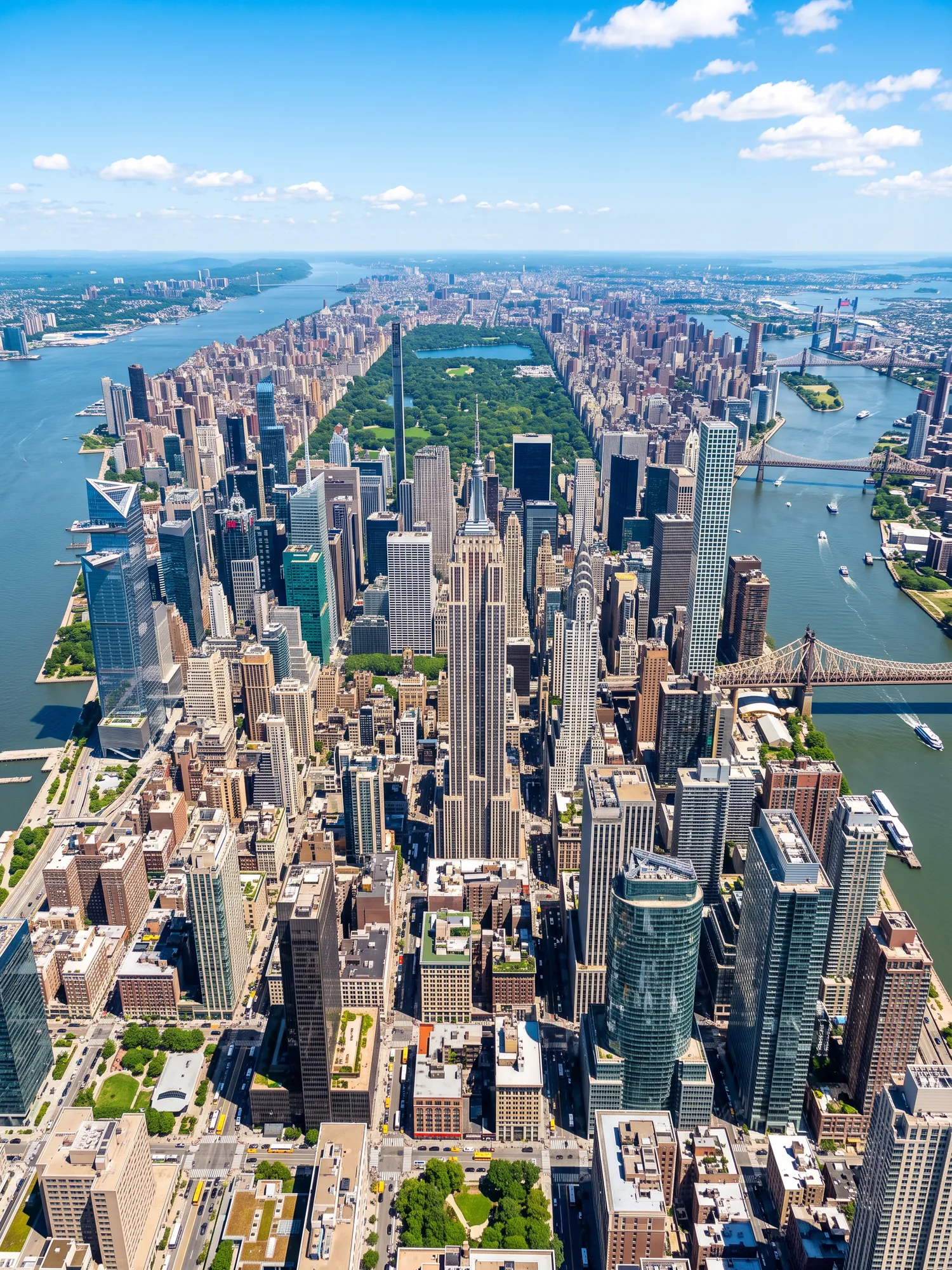 Panoramic aerial view of New York skyline in bright daylight