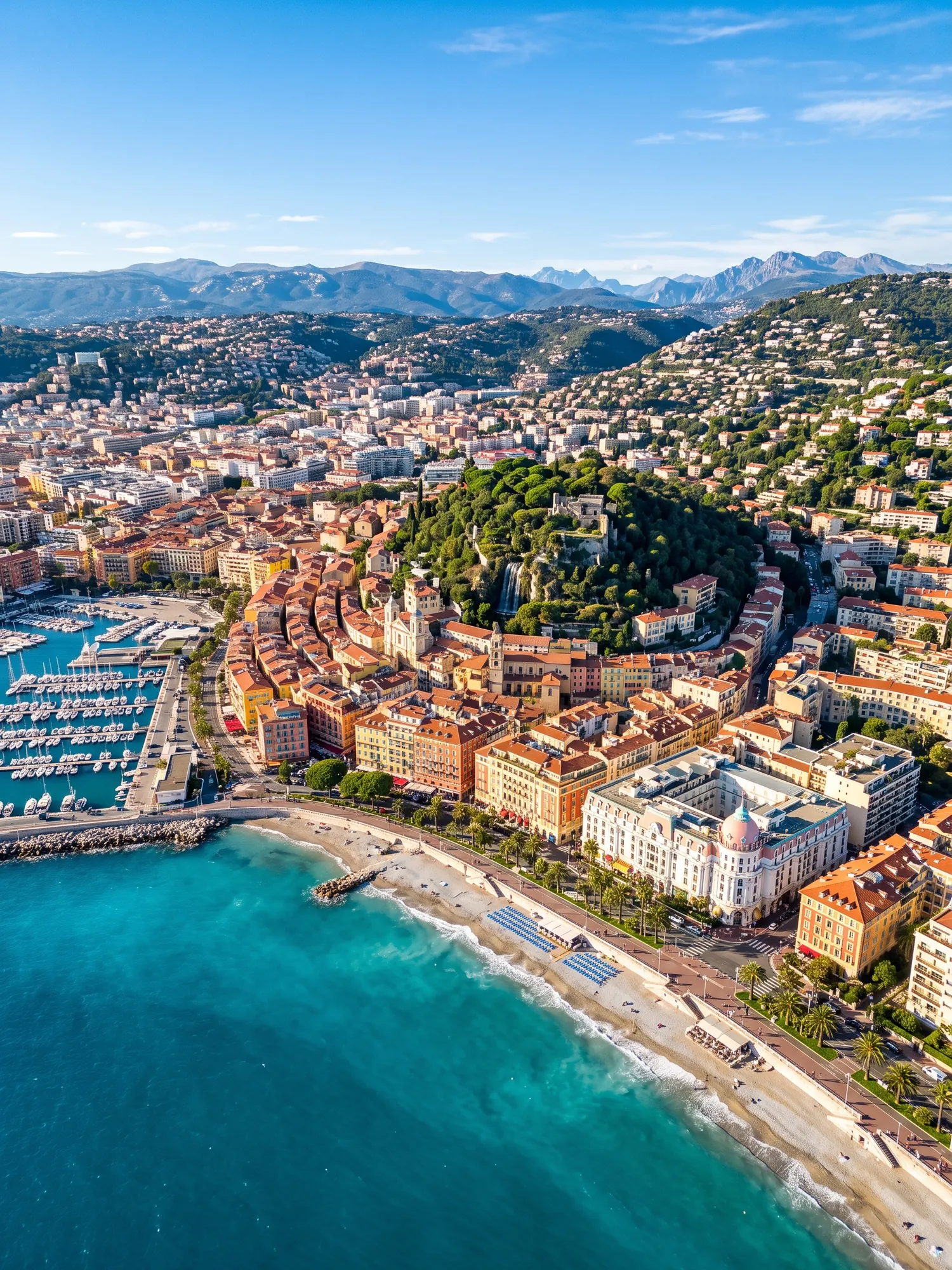 Panoramic aerial view of Nice skyline in bright daylight
