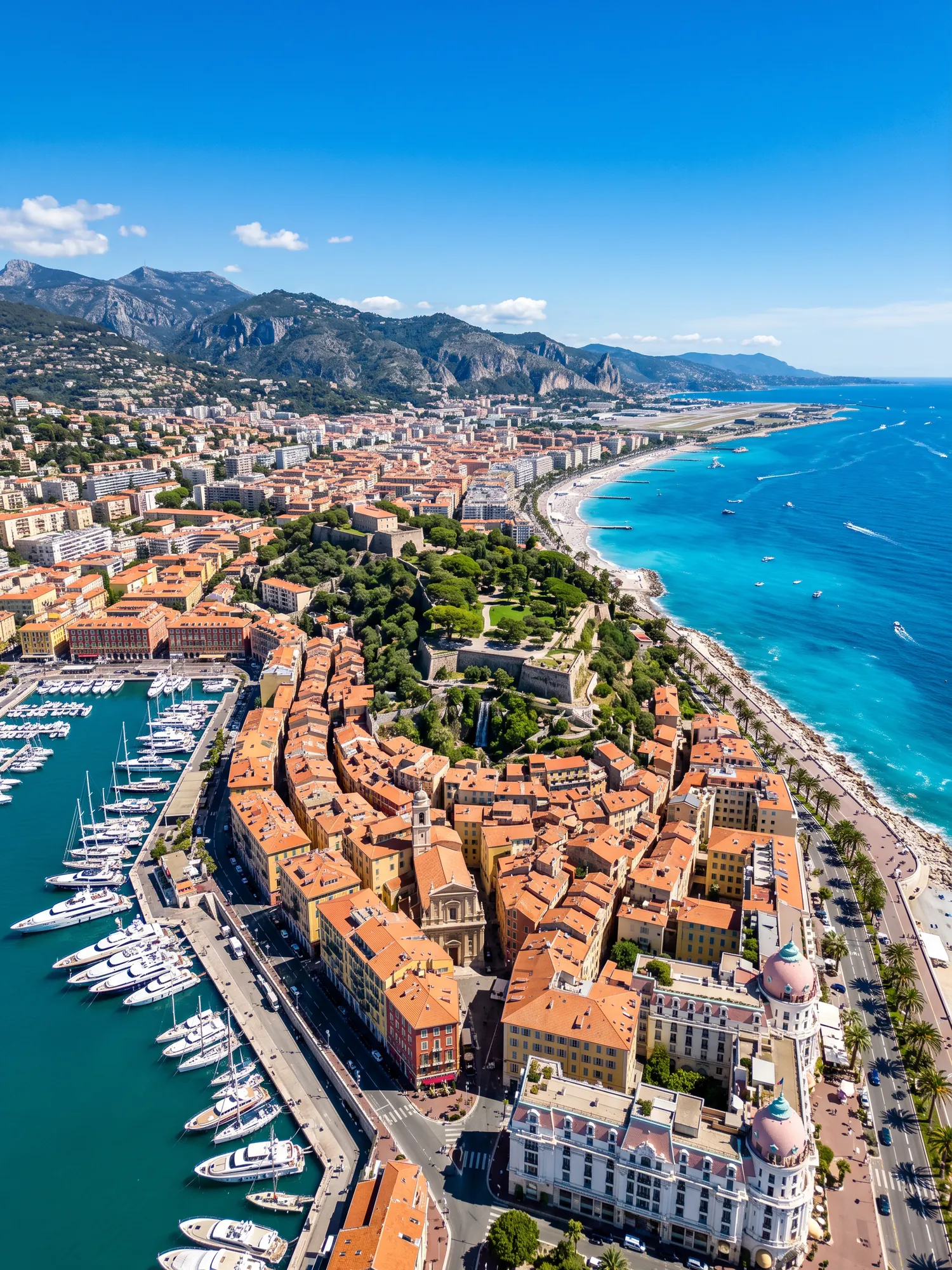 Panoramic aerial view of Nice skyline in bright daylight