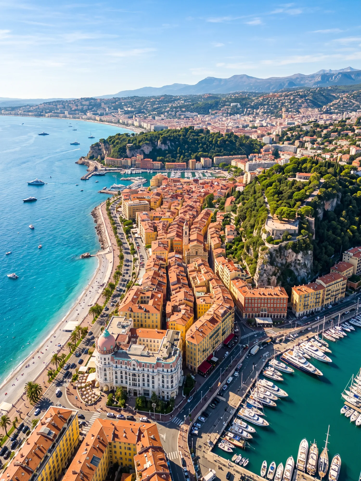 Panoramic aerial view of Nice skyline in bright daylight