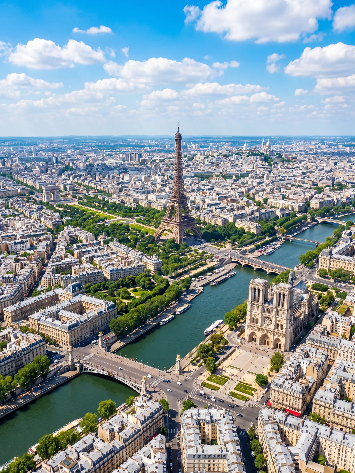 Panoramic aerial view of Paris skyline in bright daylight