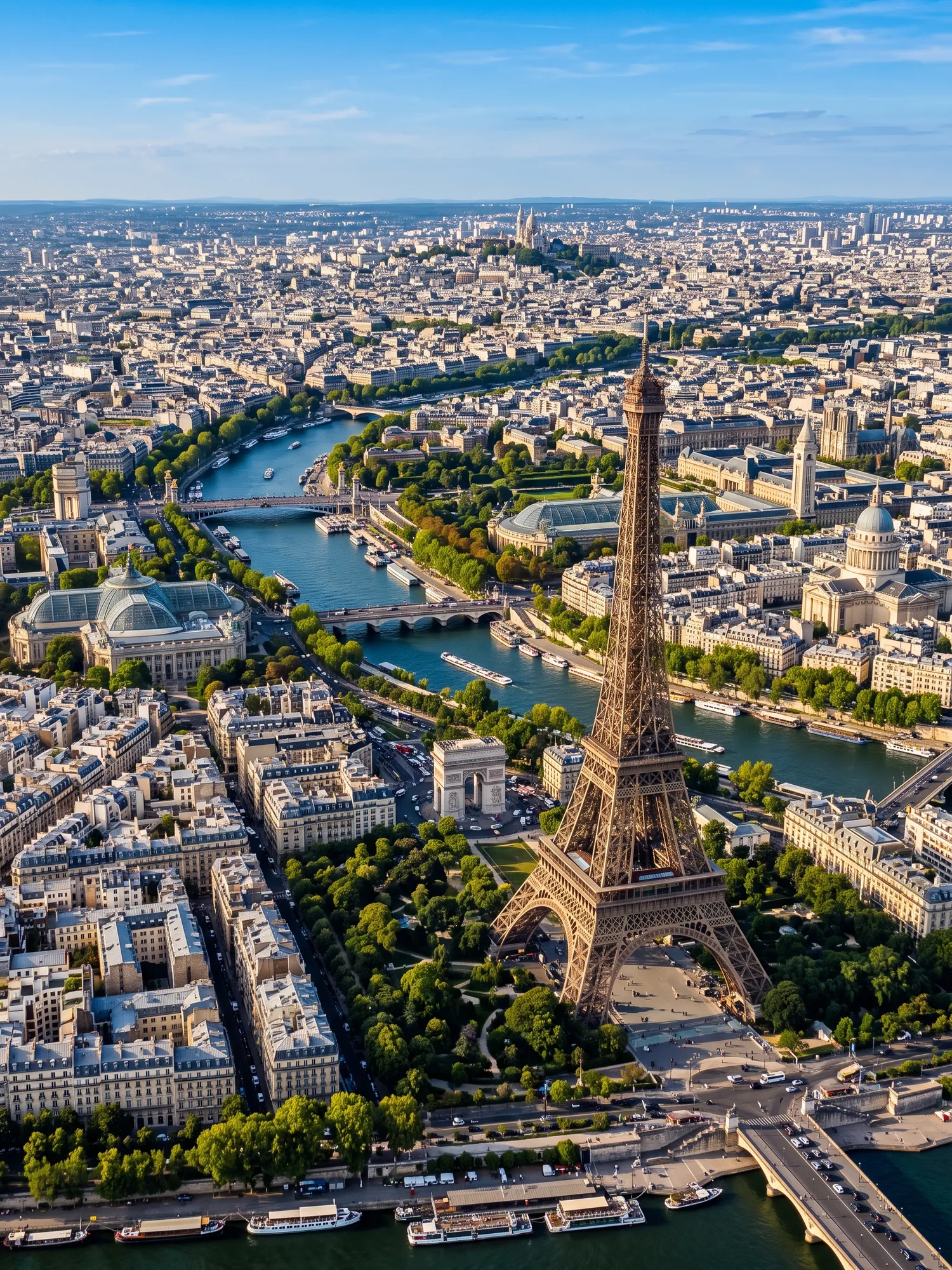 Panoramic aerial view of Paris skyline in bright daylight