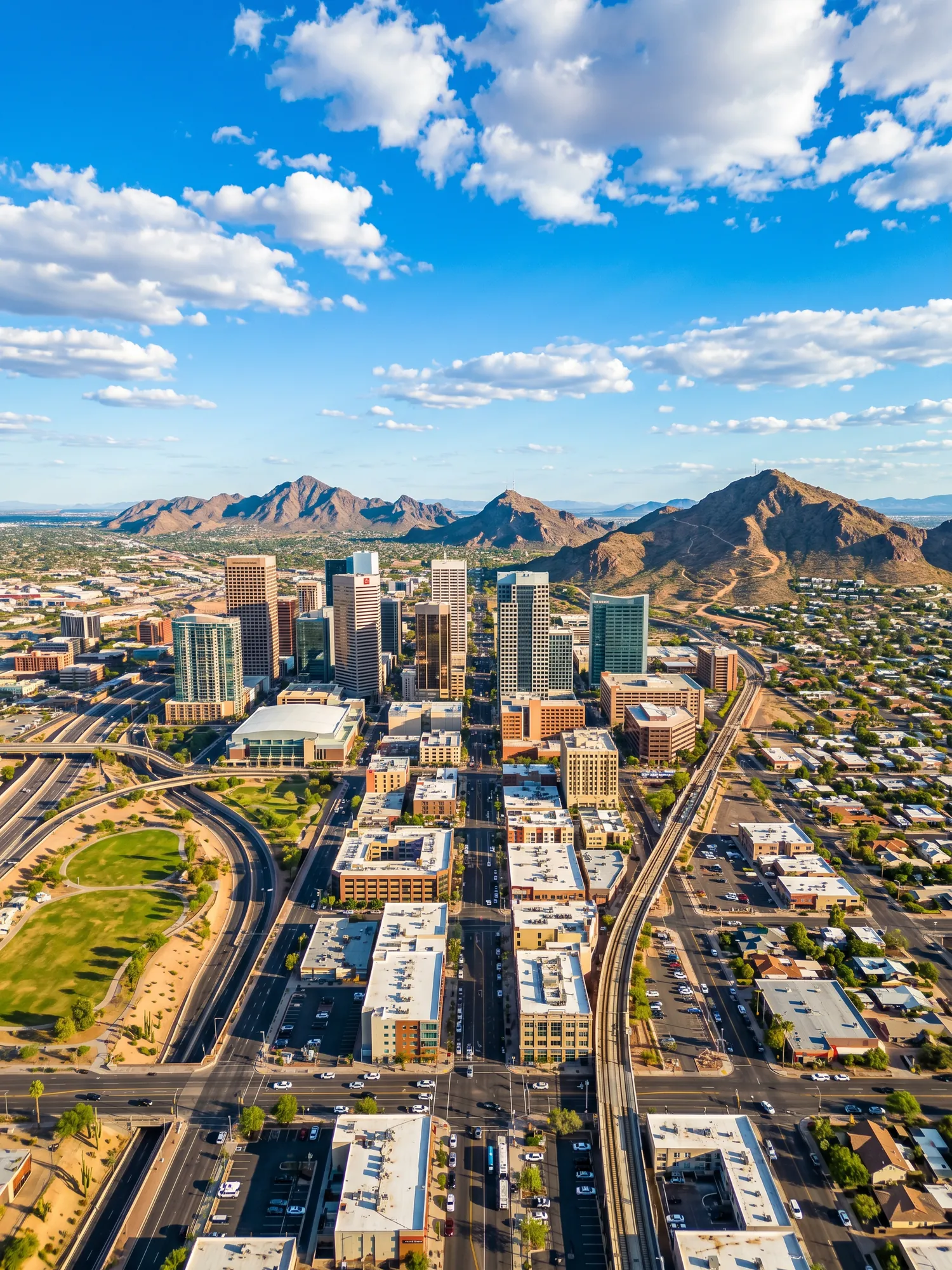 Panoramic aerial view of Phoenix skyline in bright daylight