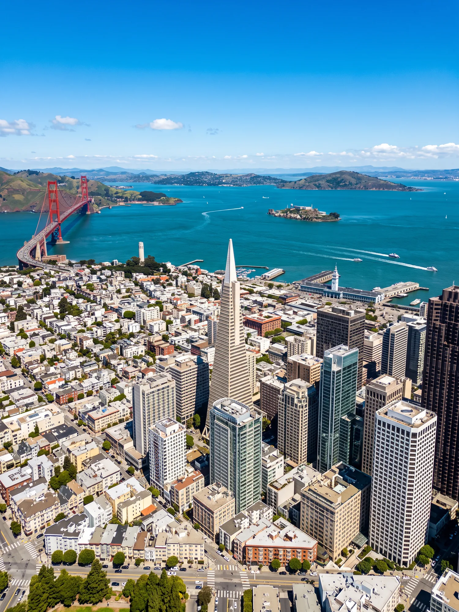 Panoramic aerial view of San Francisco skyline in bright daylight