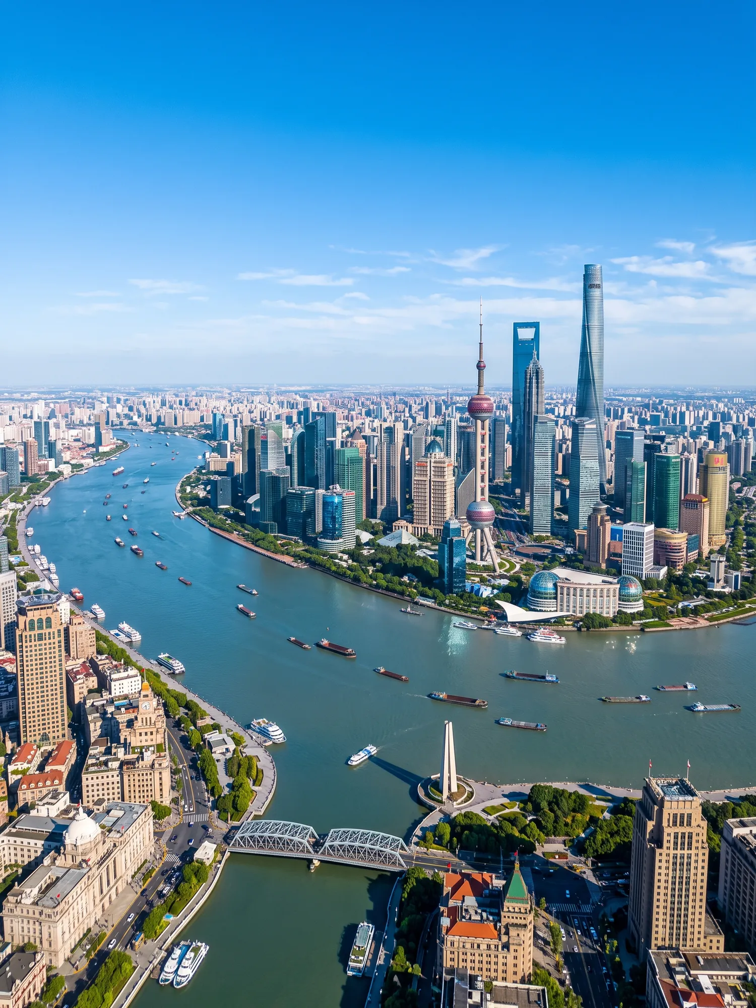 Panoramic aerial view of Shanghai skyline in bright daylight