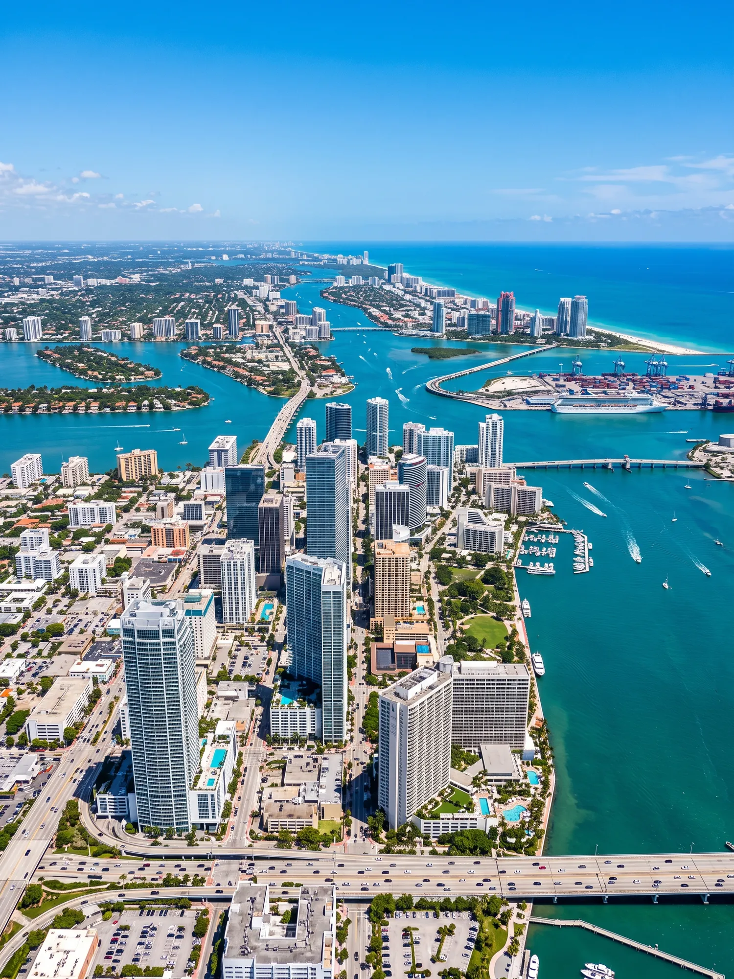 Panoramic aerial view of South Florida skyline in bright daylight
