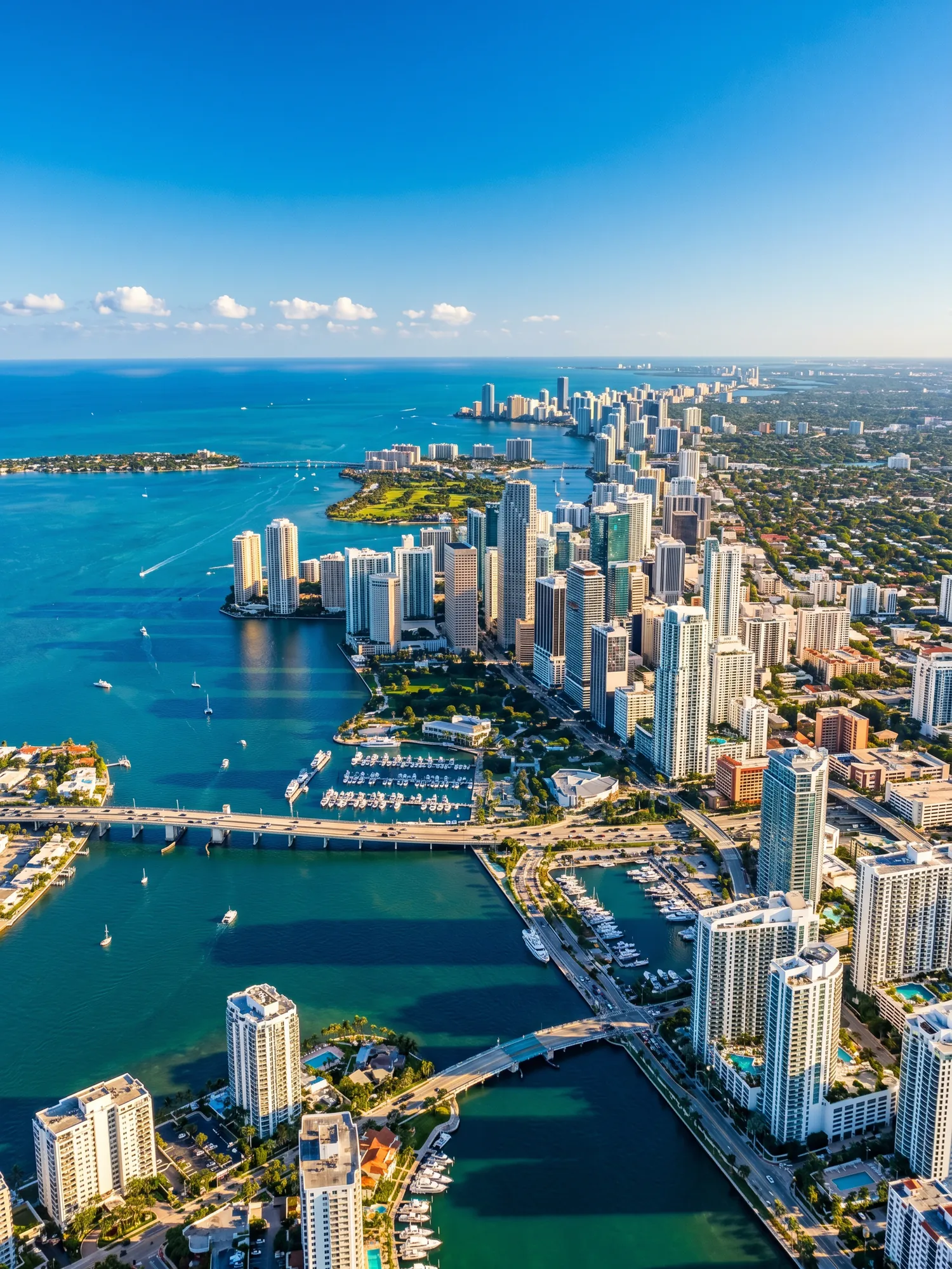 Panoramic aerial view of South Florida skyline in bright daylight