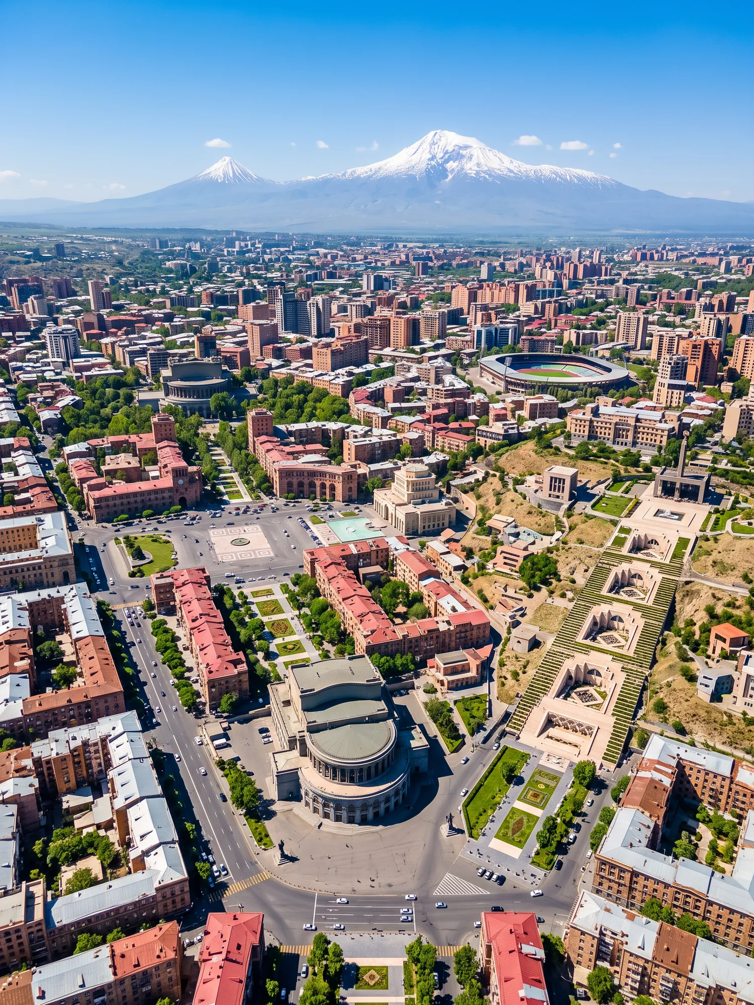 Panoramic aerial view of Yerevan skyline in bright daylight
