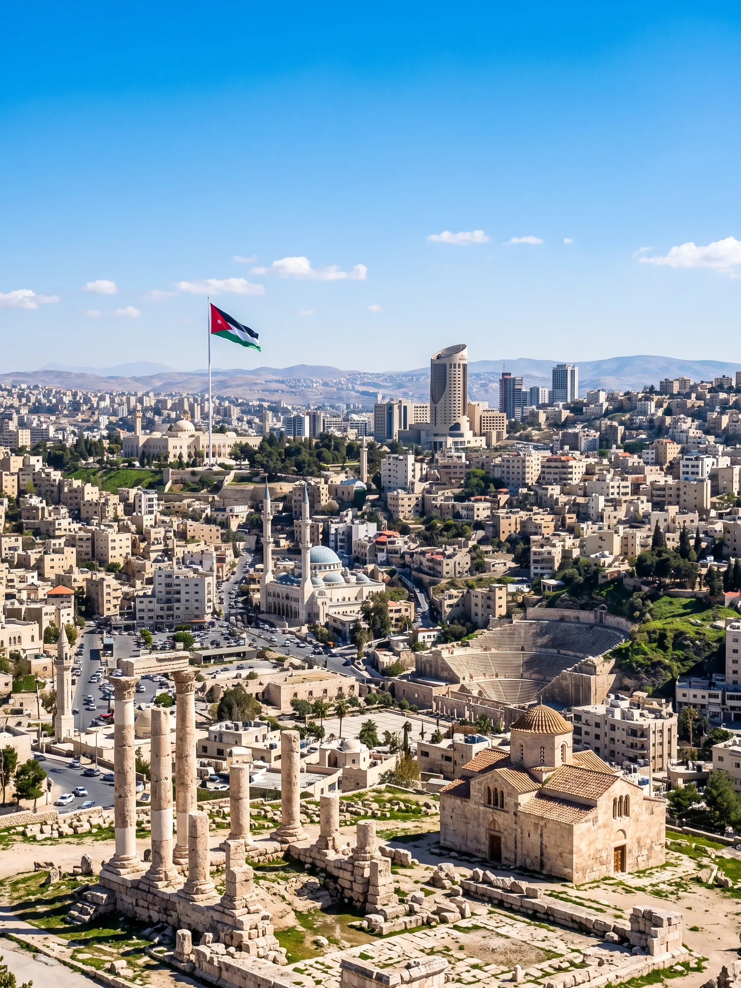 Panoramic cityscape view of Amman in bright daylight