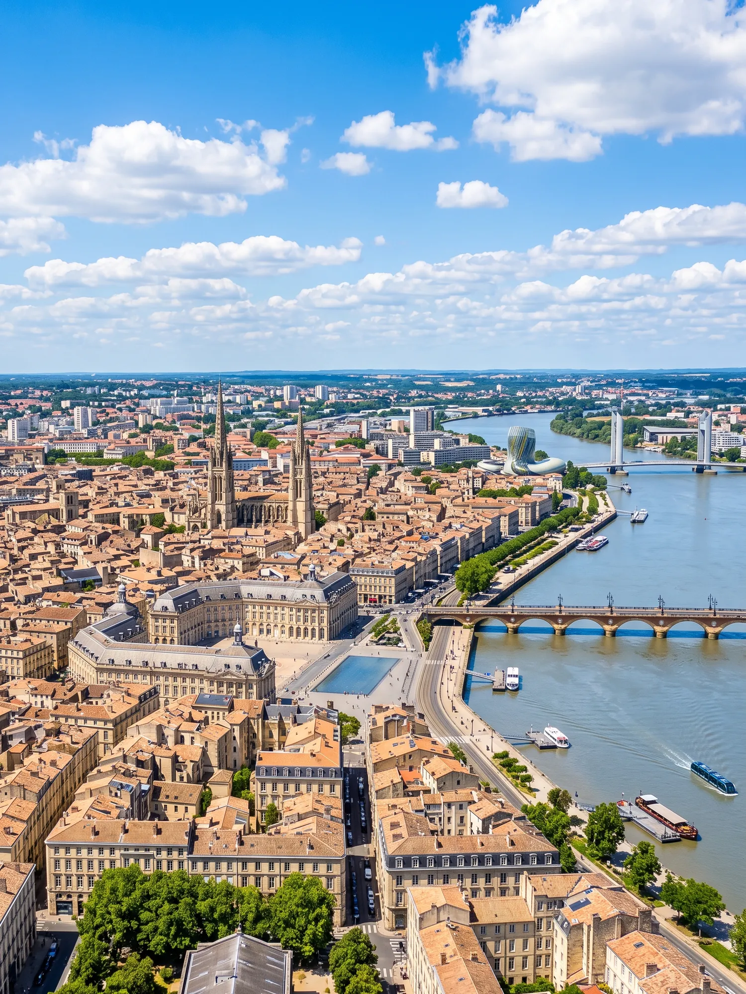 Panoramic cityscape view of Bordeaux in bright daylight