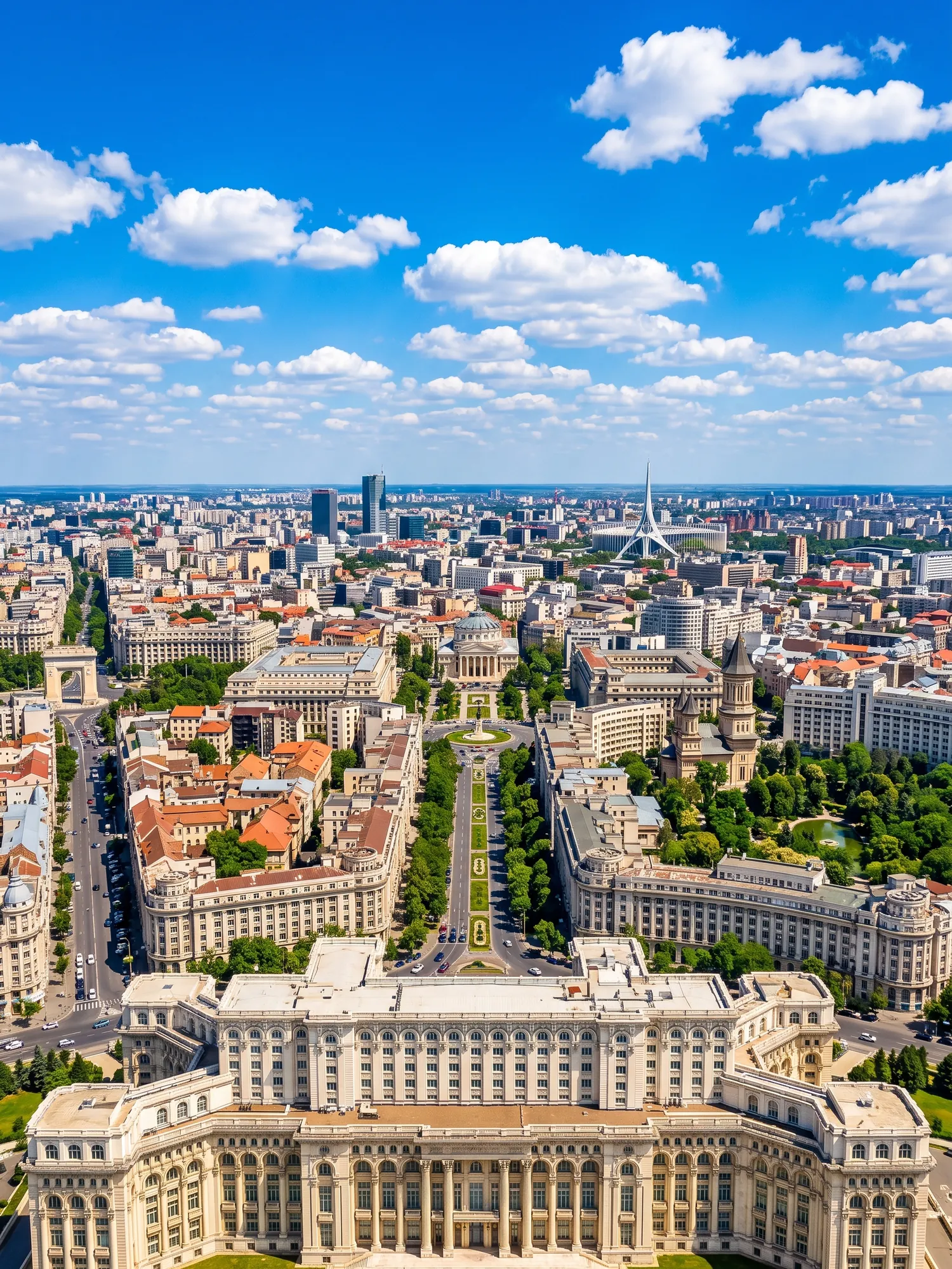Panoramic cityscape view of Bucharest in bright daylight