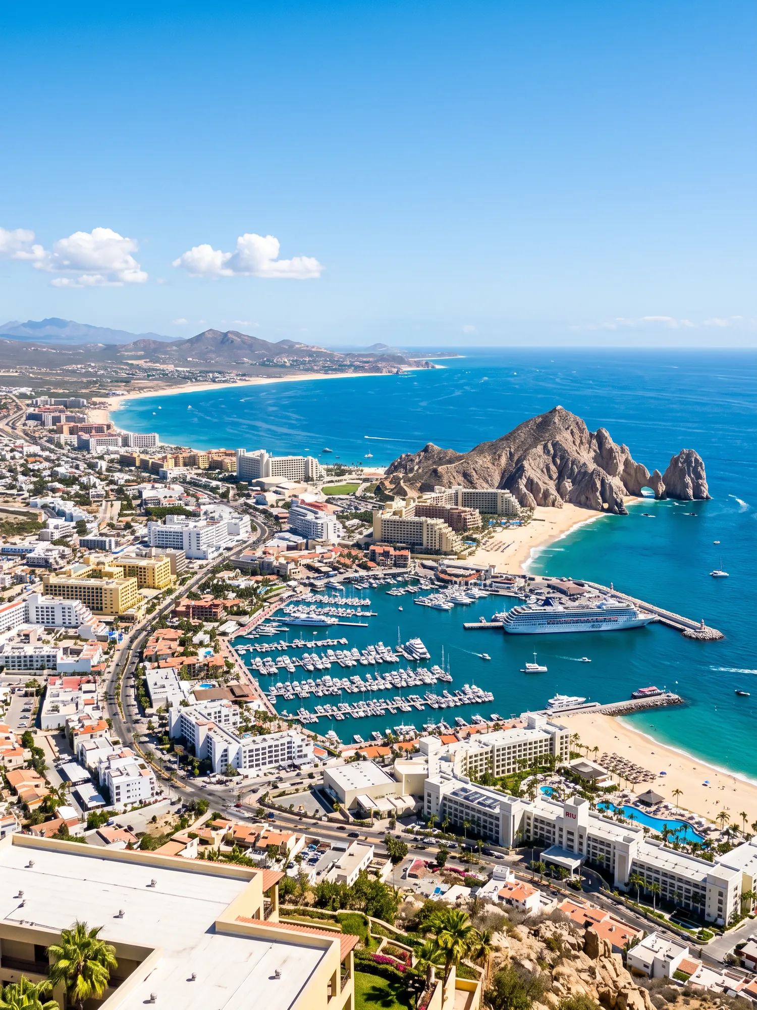Panoramic cityscape view of Cabo San Lucas in bright daylight