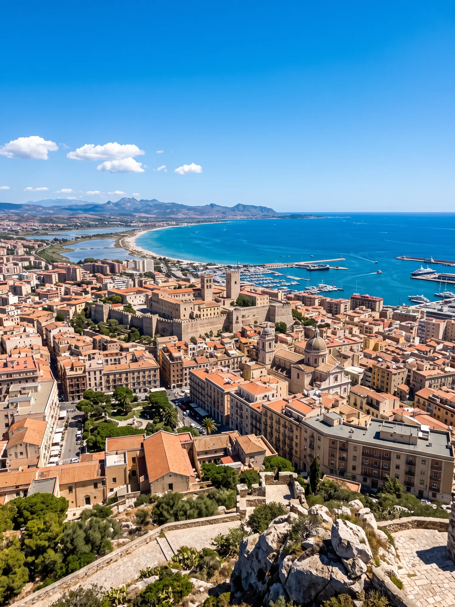 Panoramic cityscape view of Cagliari in bright daylight