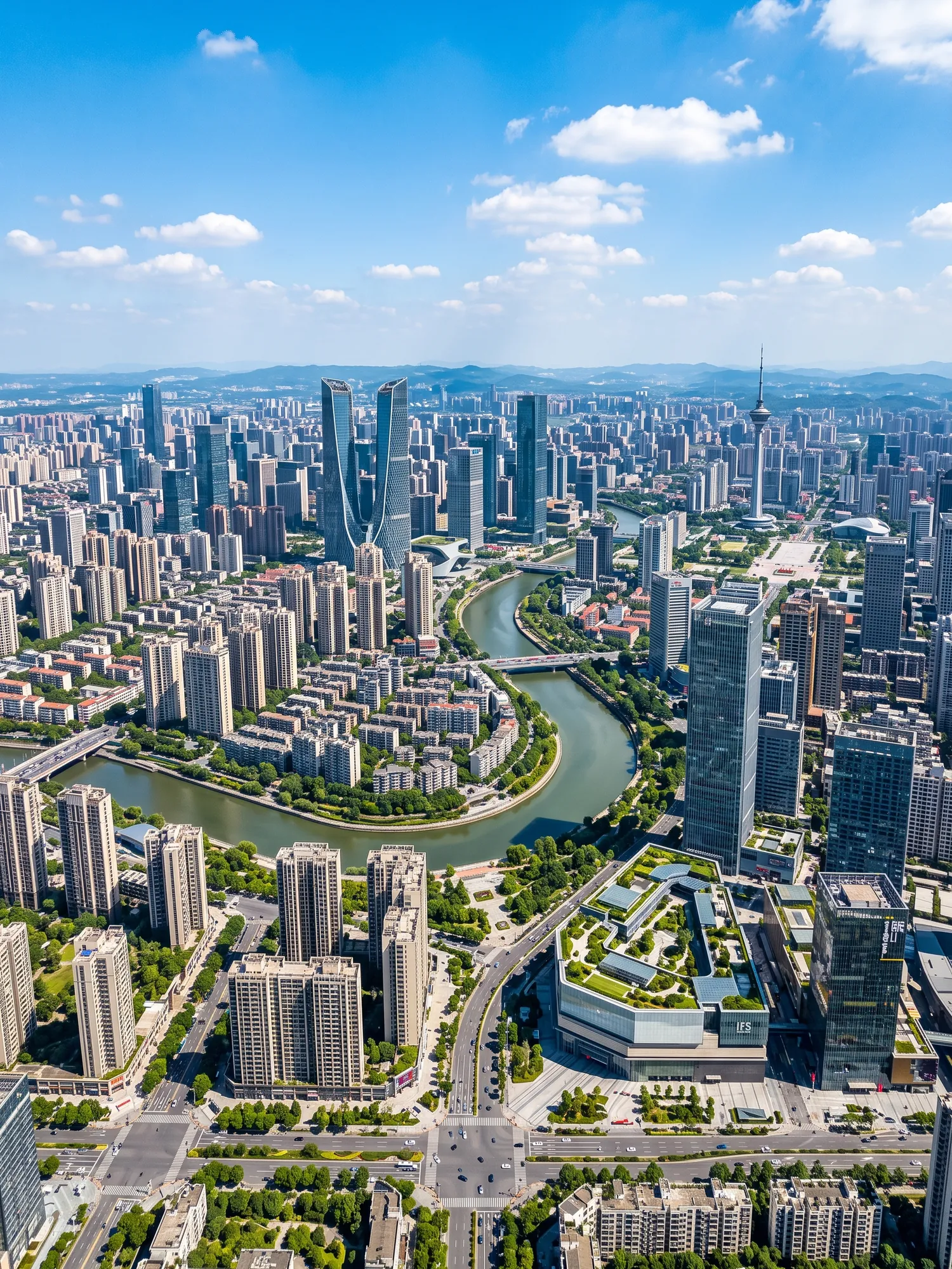 Panoramic cityscape view of Chengdu in bright daylight