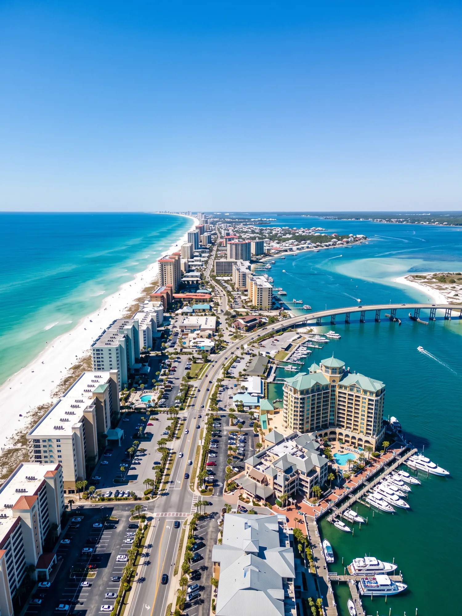Panoramic cityscape view of Destin in bright daylight