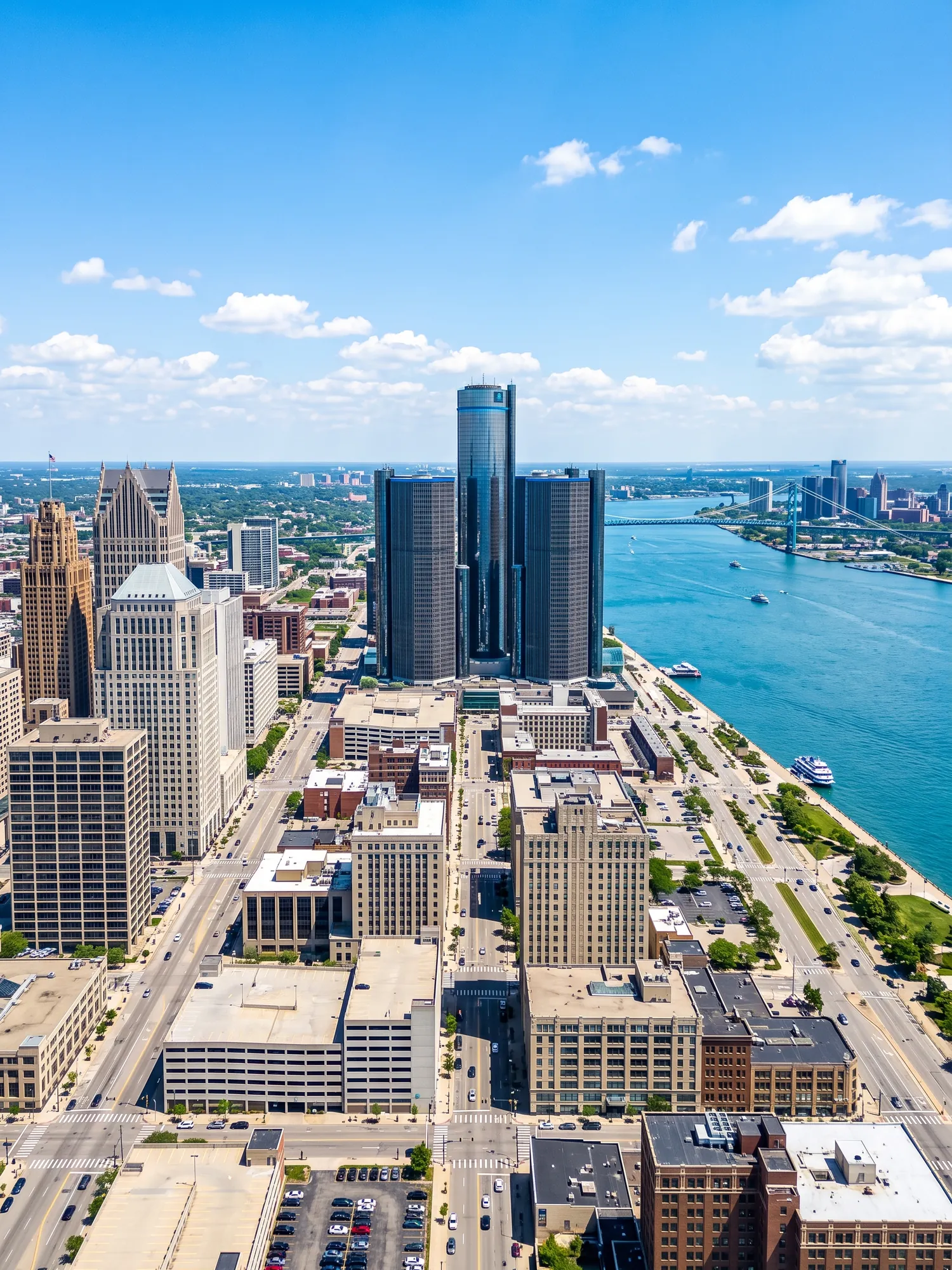 Panoramic cityscape view of Detroit in bright daylight