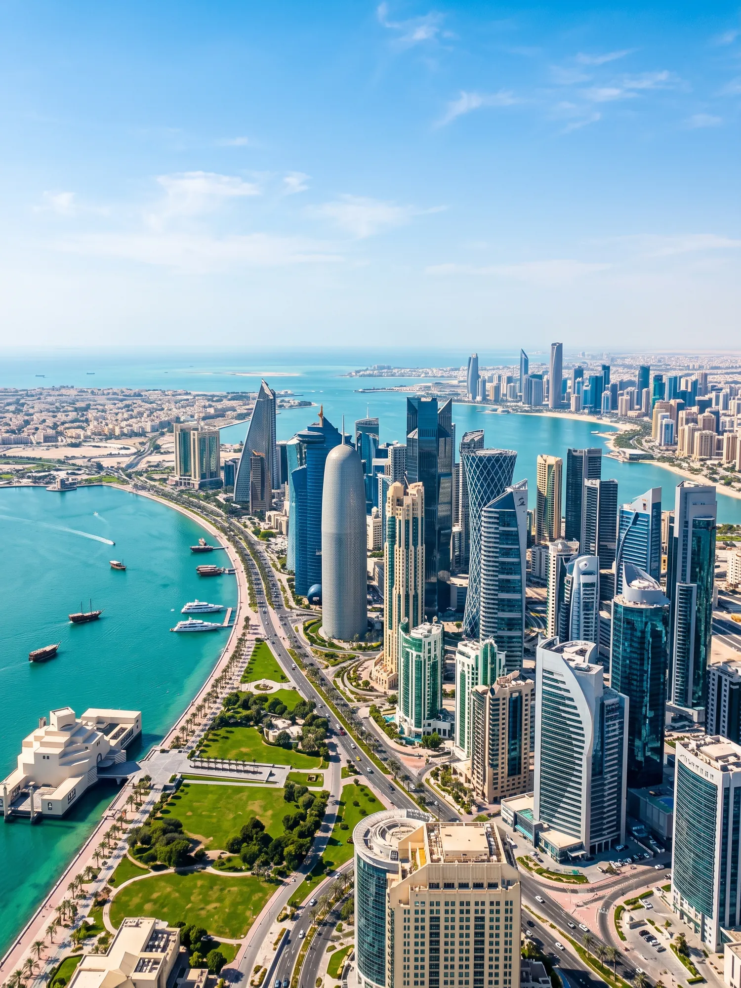 Panoramic cityscape view of Doha in bright daylight