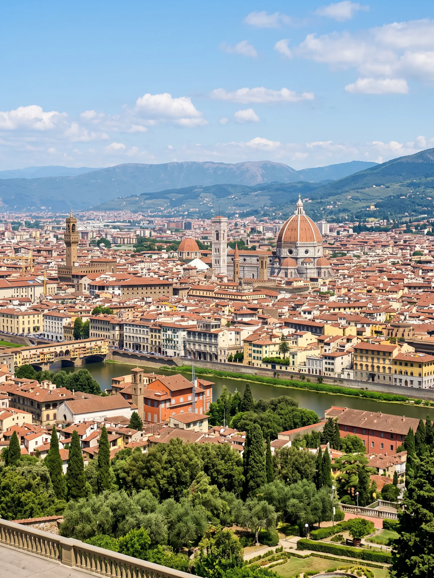 Panoramic cityscape view of Florence in bright daylight