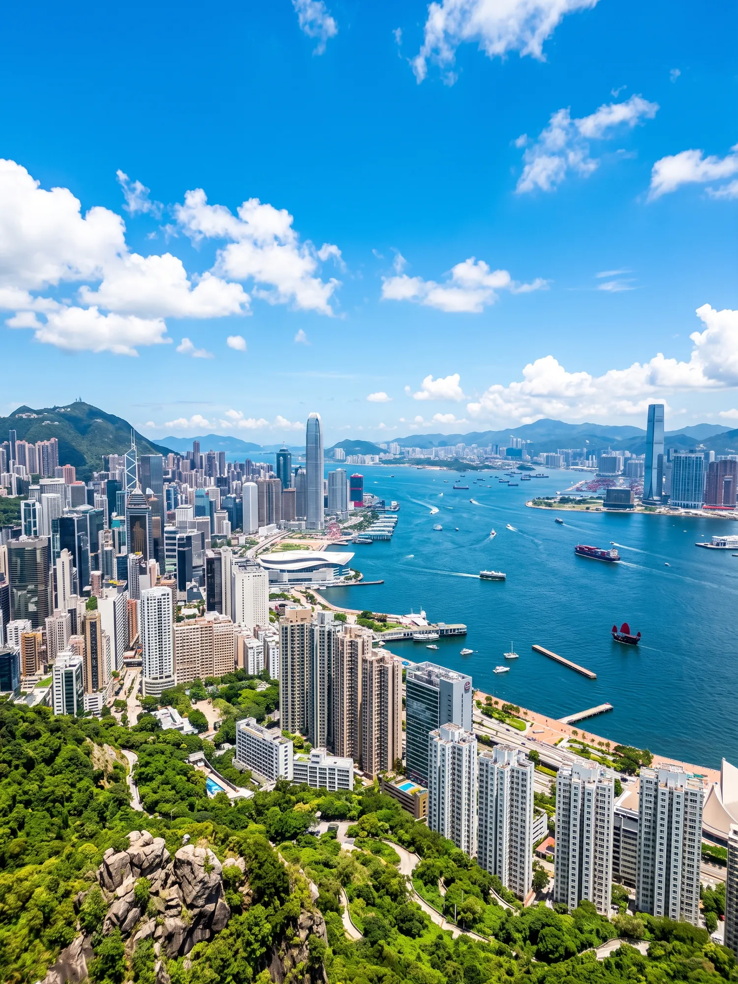 Panoramic cityscape view of Hong Kong in bright daylight