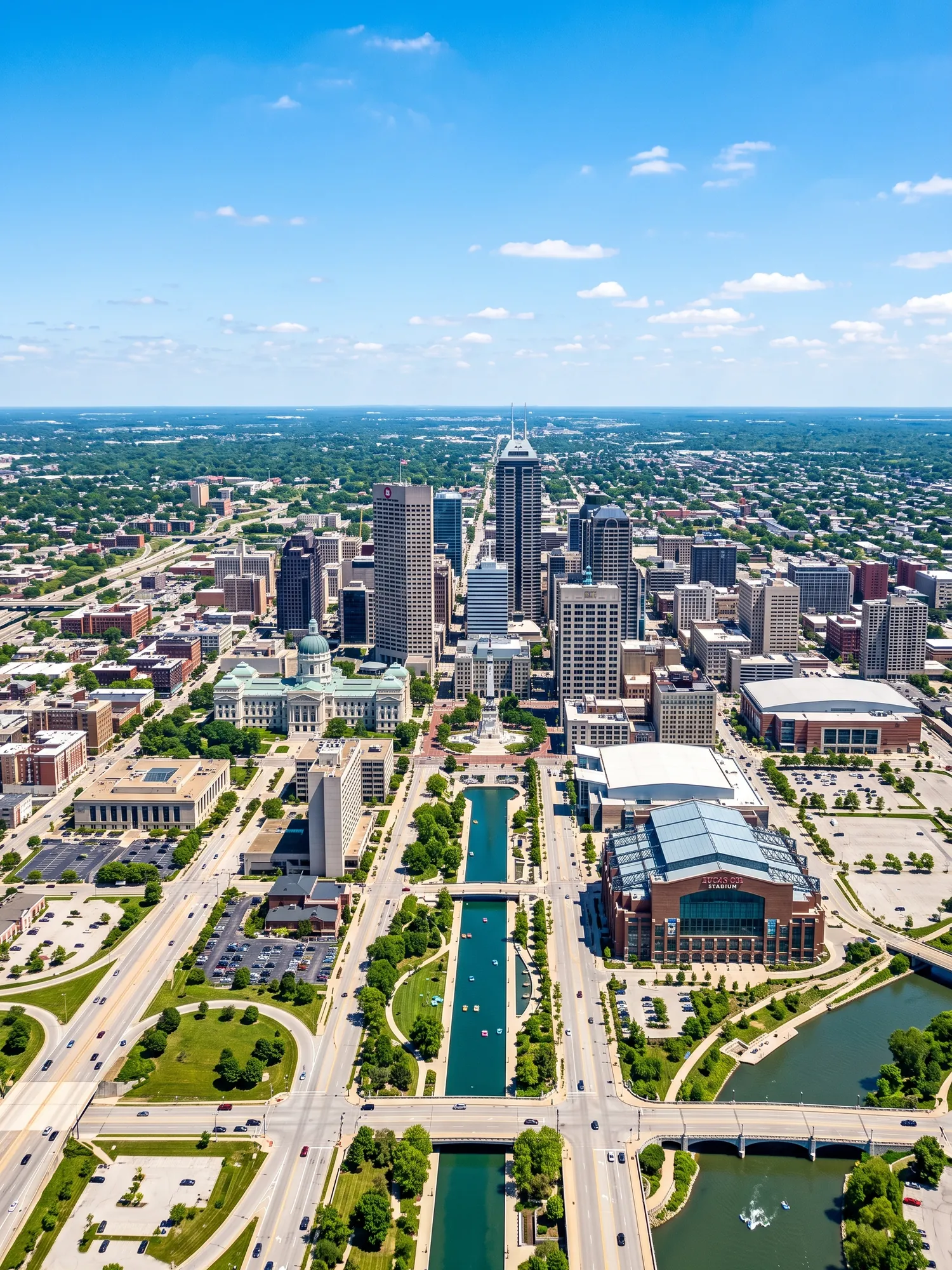 Panoramic cityscape view of Indianapolis in bright daylight