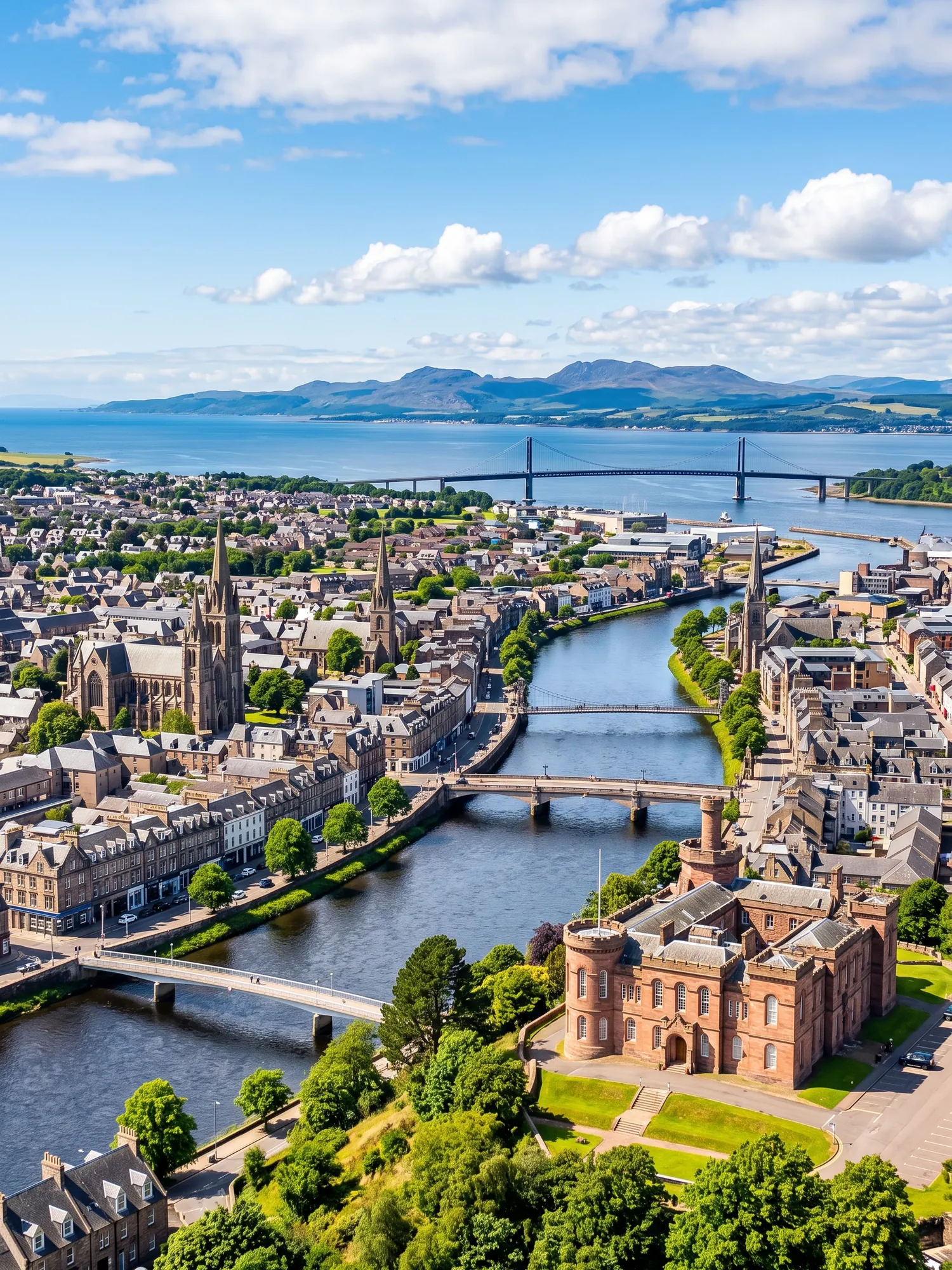 Panoramic cityscape view of Inverness in bright daylight