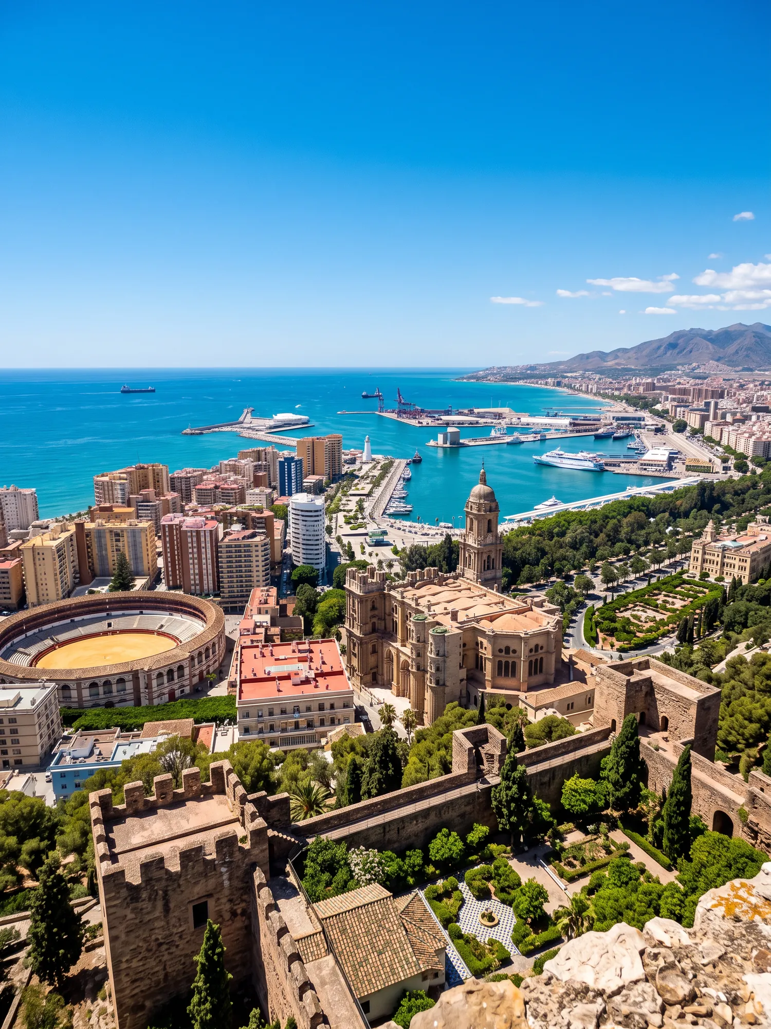 Panoramic cityscape view of Malaga in bright daylight