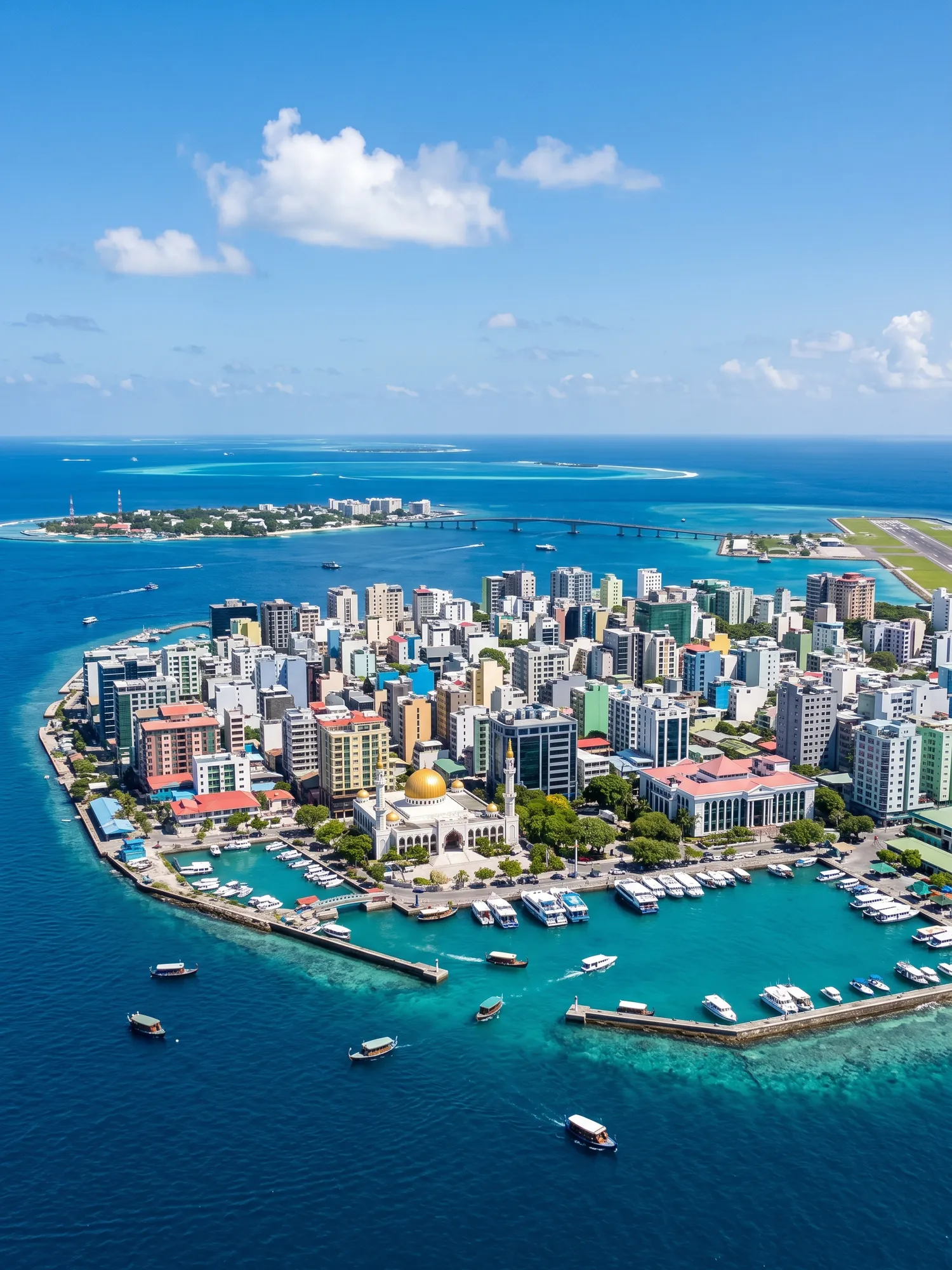 Panoramic cityscape view of Maldives in bright daylight