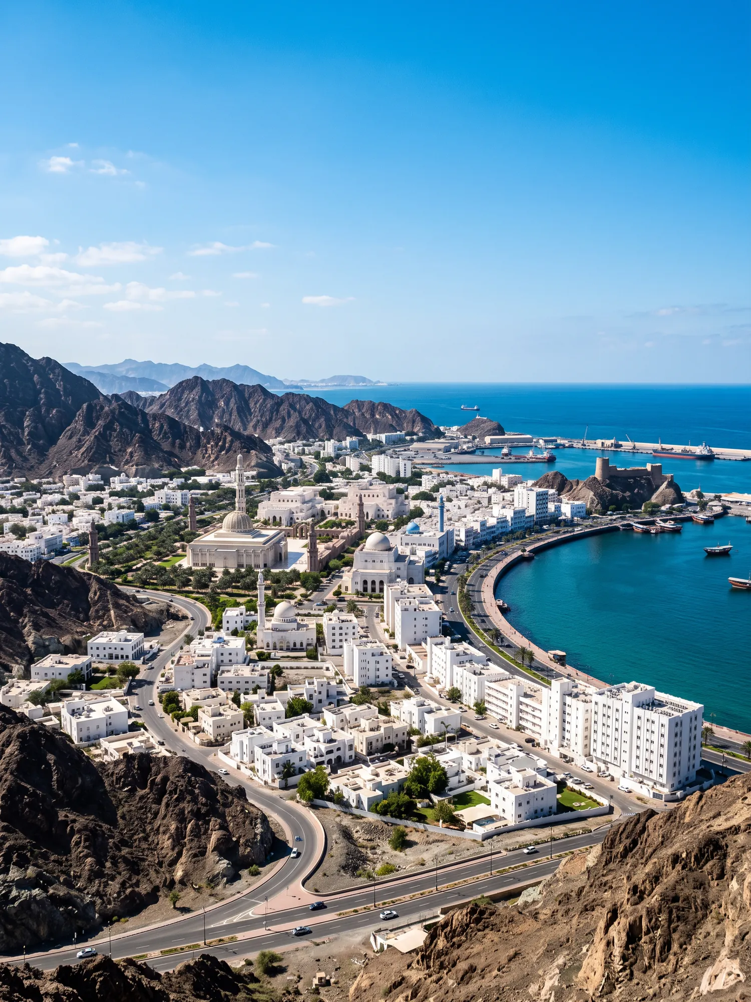 Panoramic cityscape view of Muscat in bright daylight