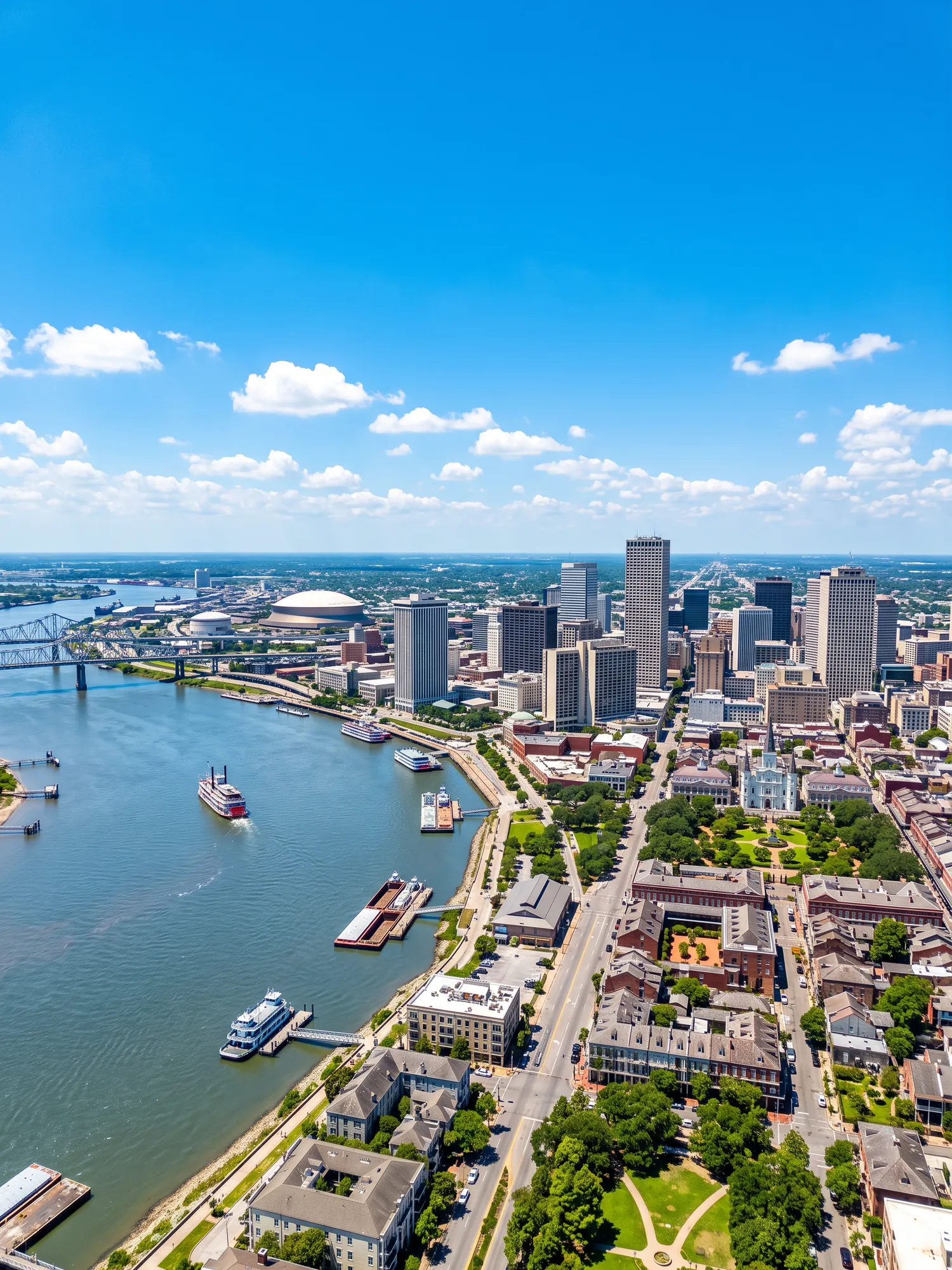 Panoramic cityscape view of New Orleans in bright daylight